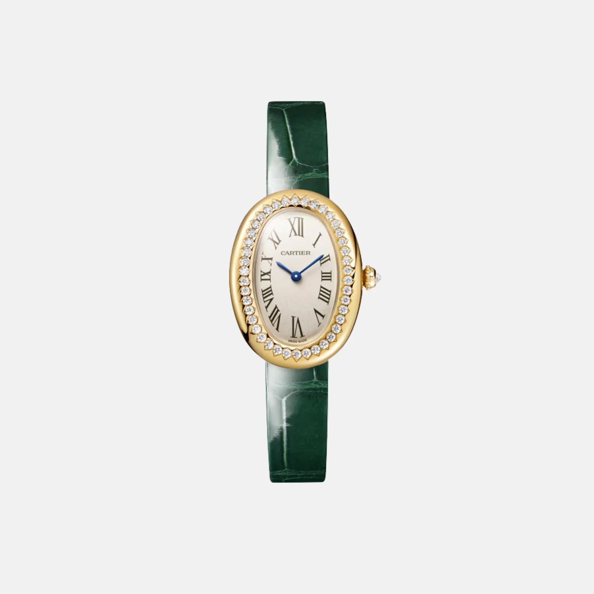 Baignoire diamonds Small Yellow Gold in Green Alligator Strap