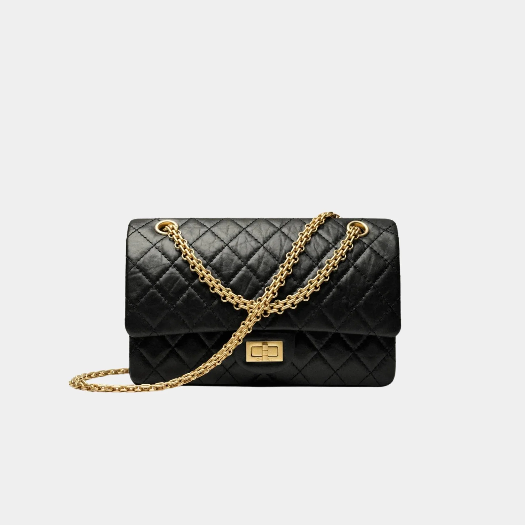 2.55 Handbag Aged Calfskin Gold Tone Metal Black
