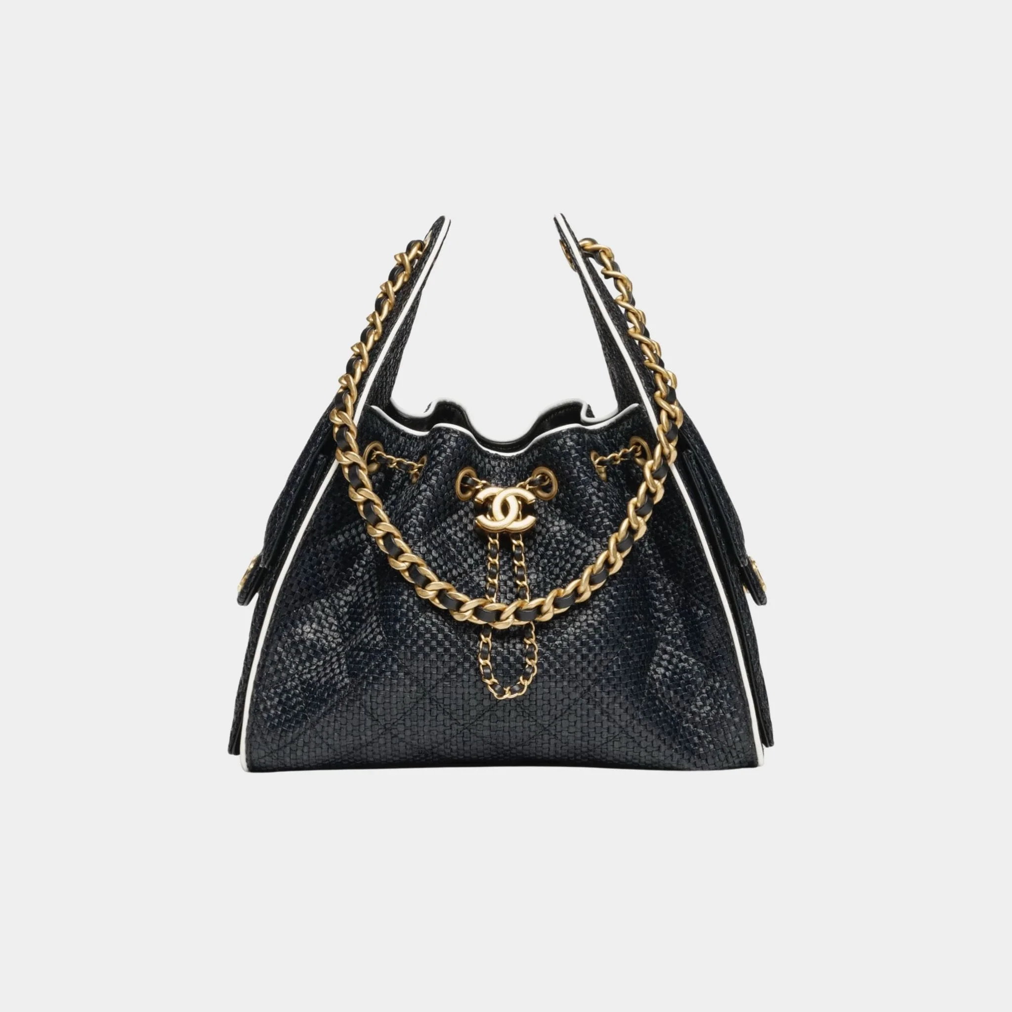 Chanel 25 Small Handbag Braided Raffia Calfskin & Gold Tone Metal