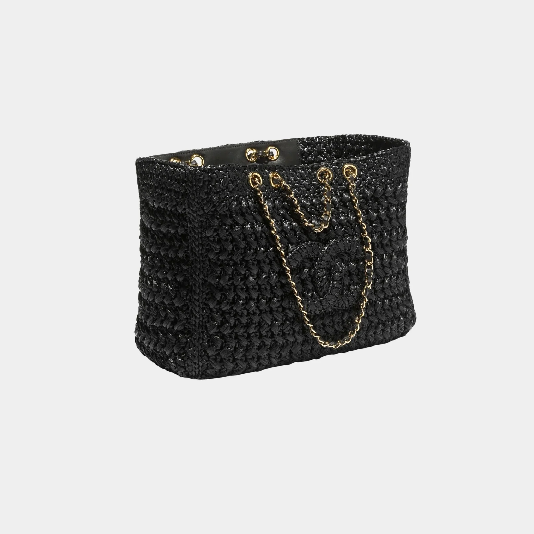 Basket Braided Raffia Calfskin & Gold-tone Metal Black