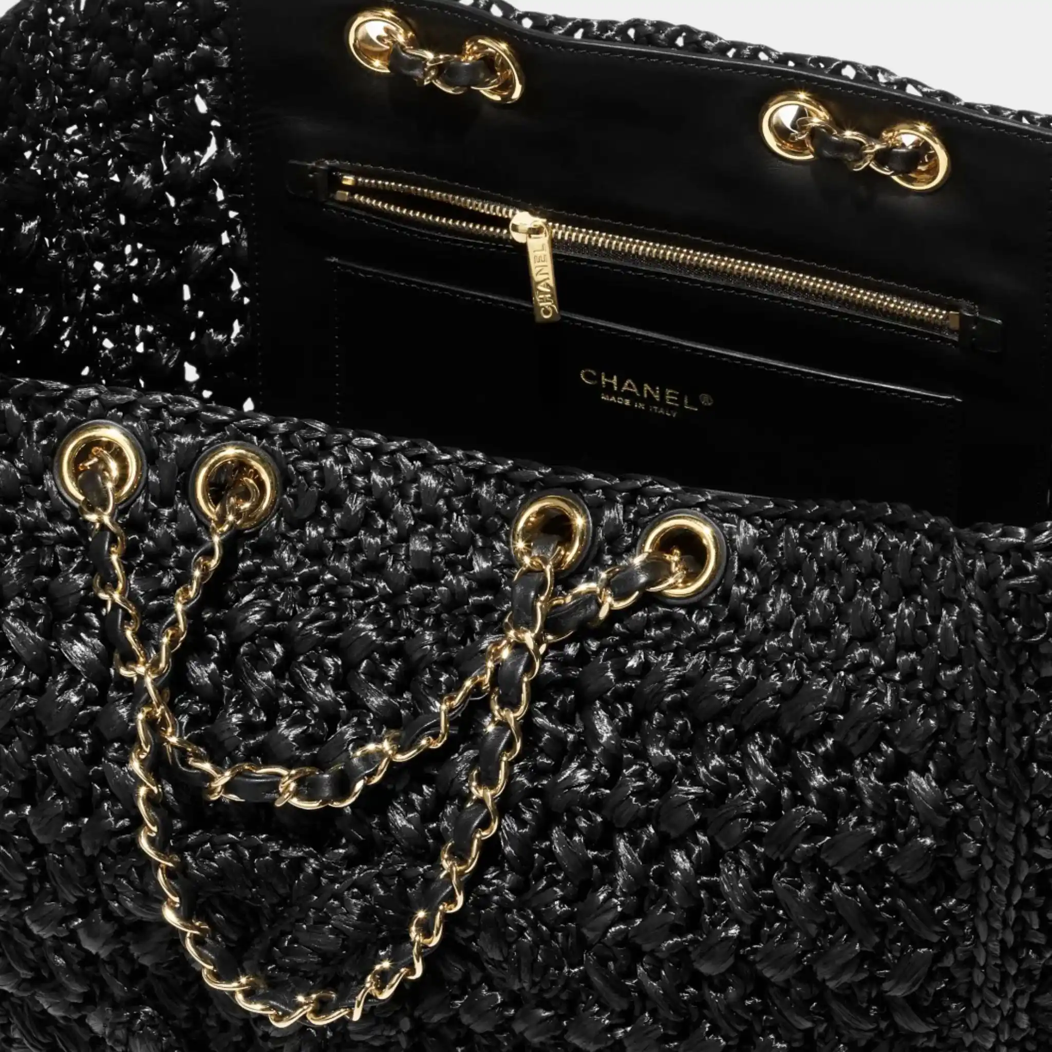 Basket Braided Raffia Calfskin & Gold-tone Metal Black - Image 3