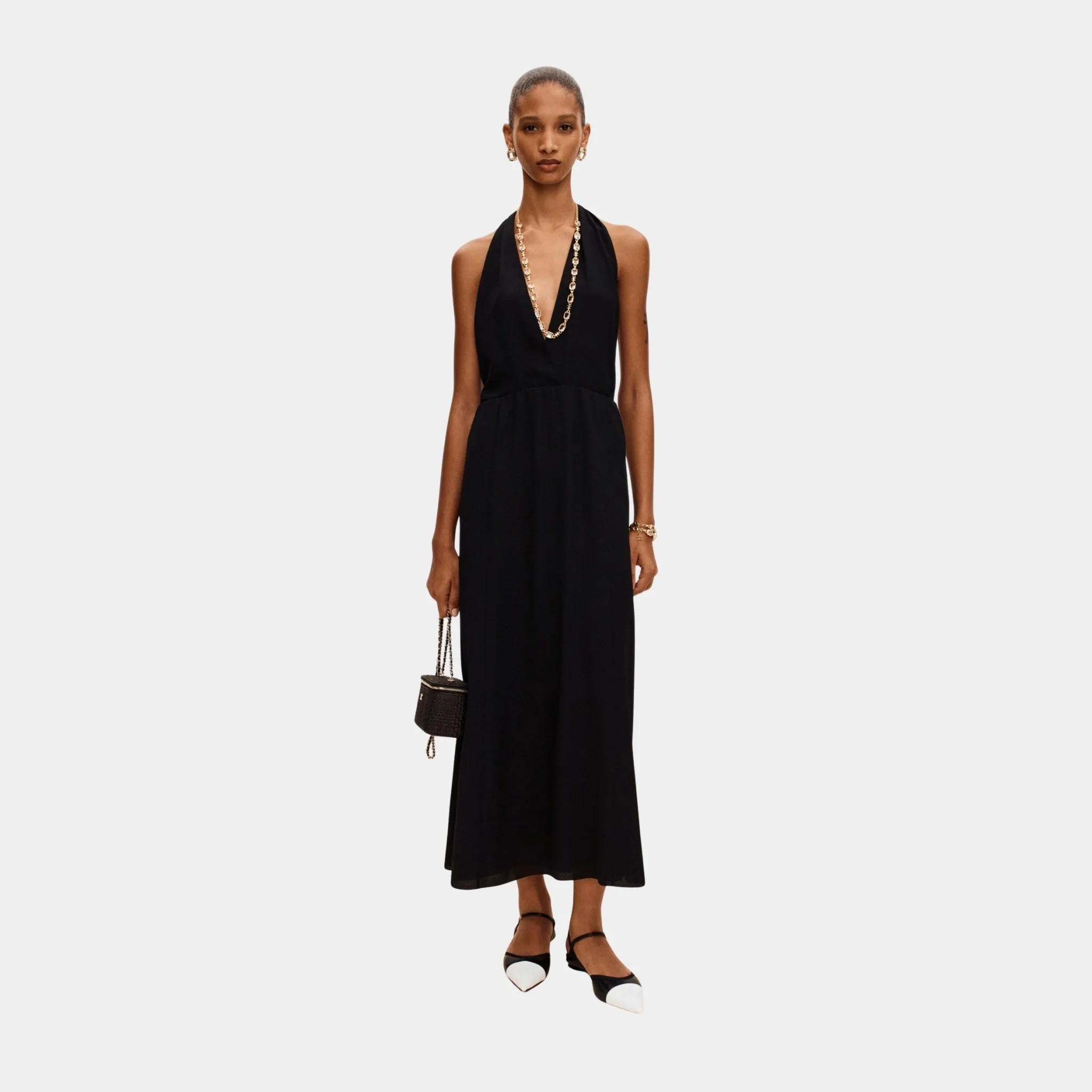 Black Long Dress in Silk Jacquard