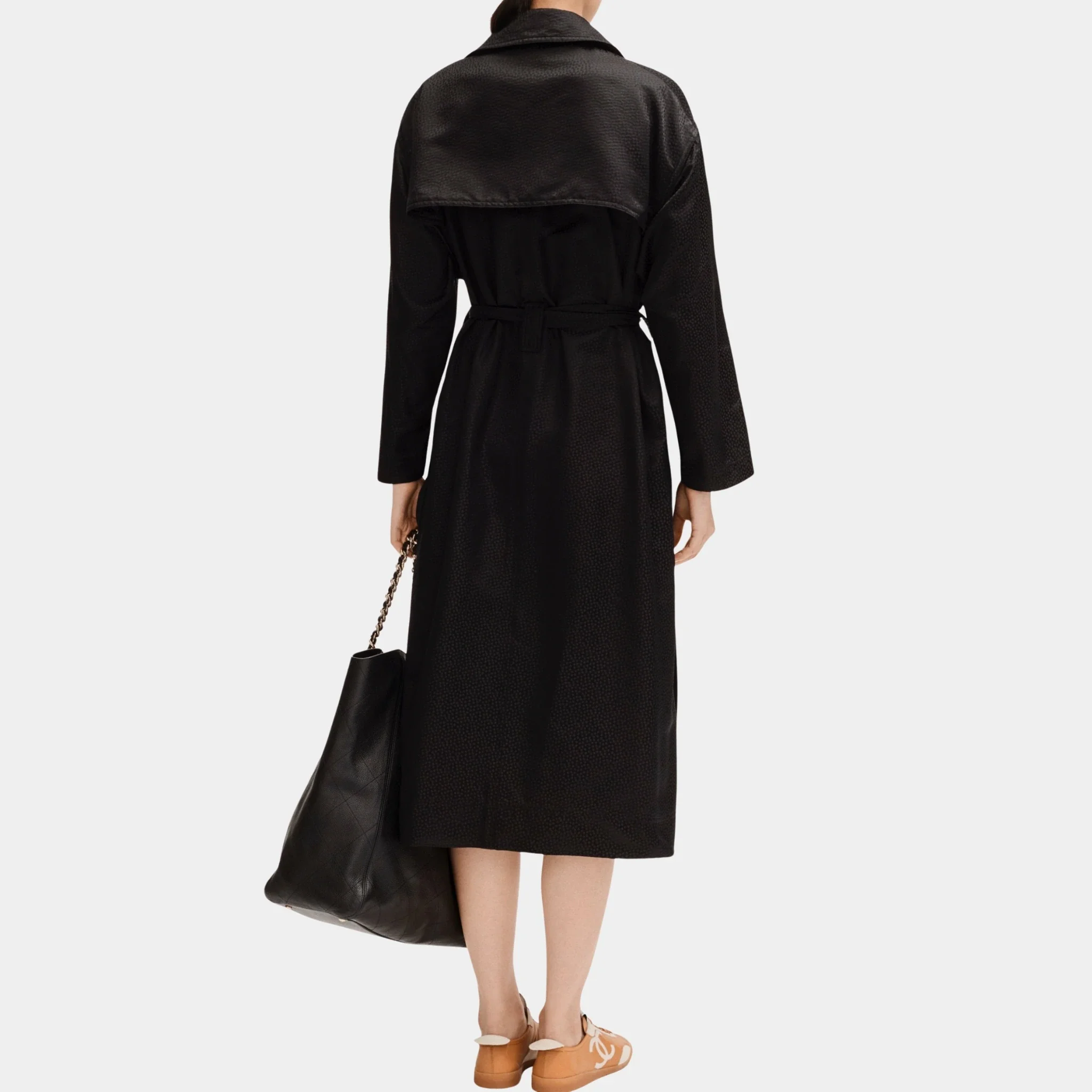 Black Trench Coat in Silk Jacquard Satin - Image 2