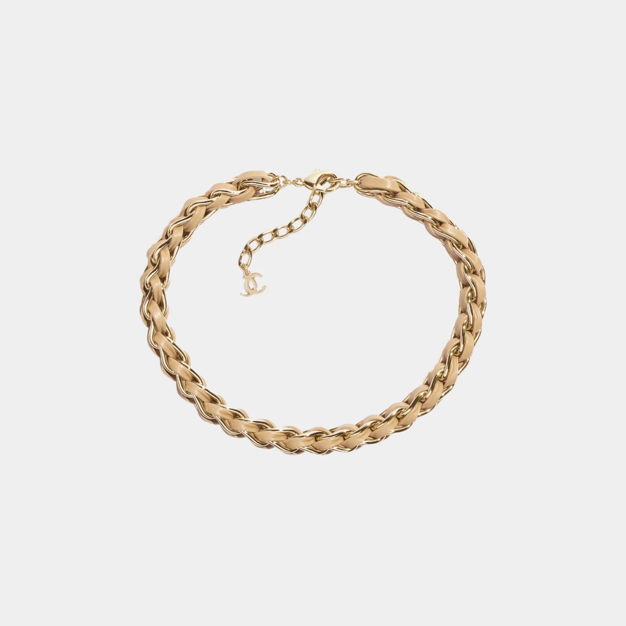Braided Necklace Metal & Lambskin Gold & Beige