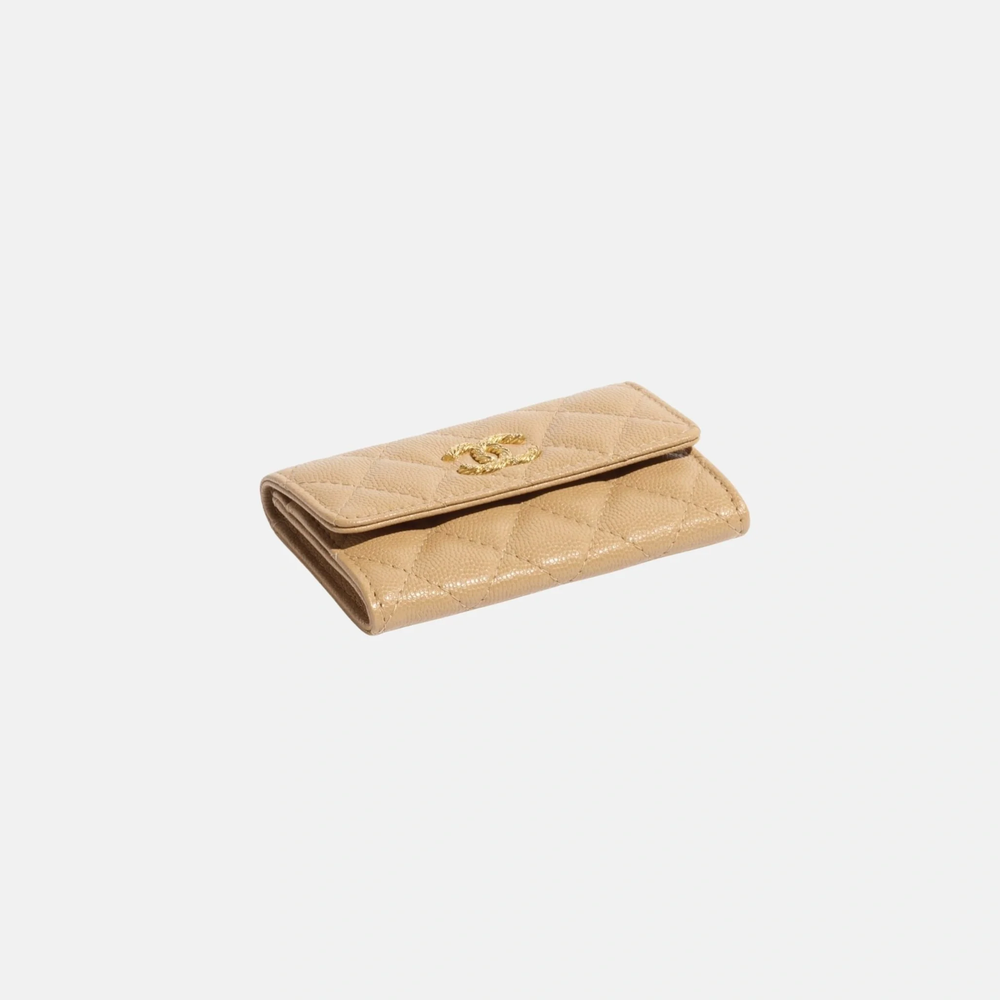 Card Holder in Shiny Grained Calfskin Dark Beige with Gold Tone Metal - Image 2