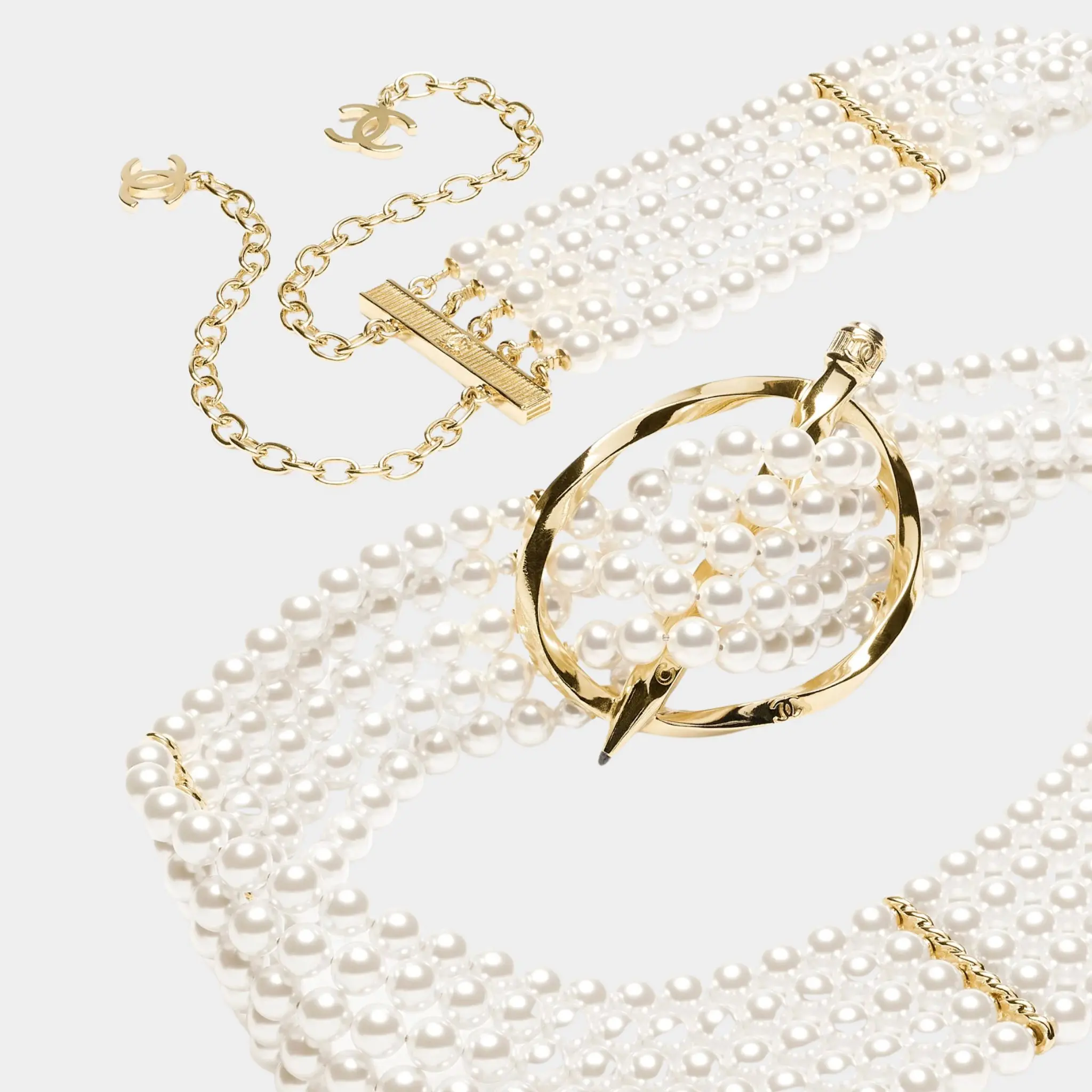Chain Belt Metal Resin & Rhinestones Gold Pearly White & Crystal - Image 2