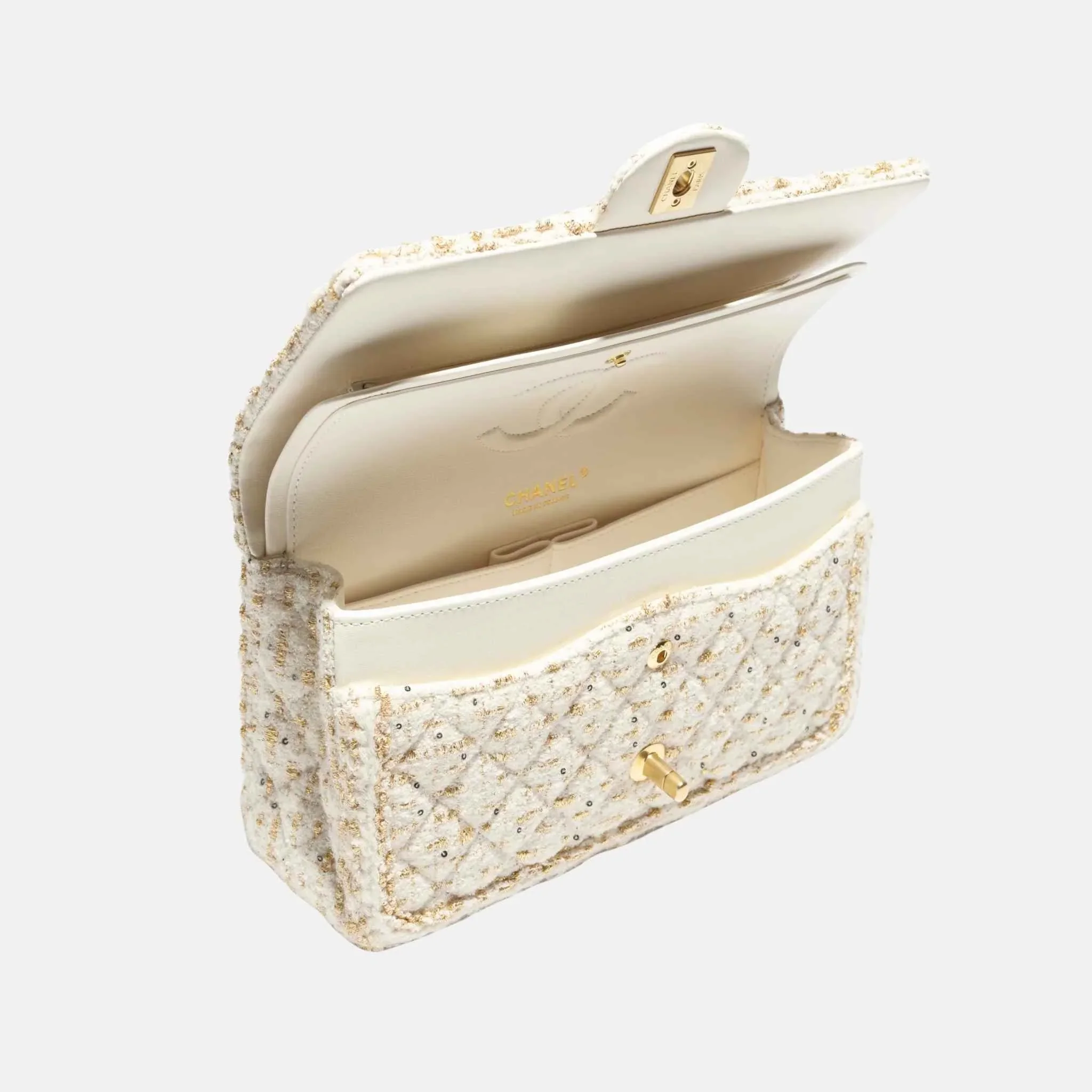Classic 11.12 Bag Tweed & Gold Metal in Ecru & Gold - Image 2