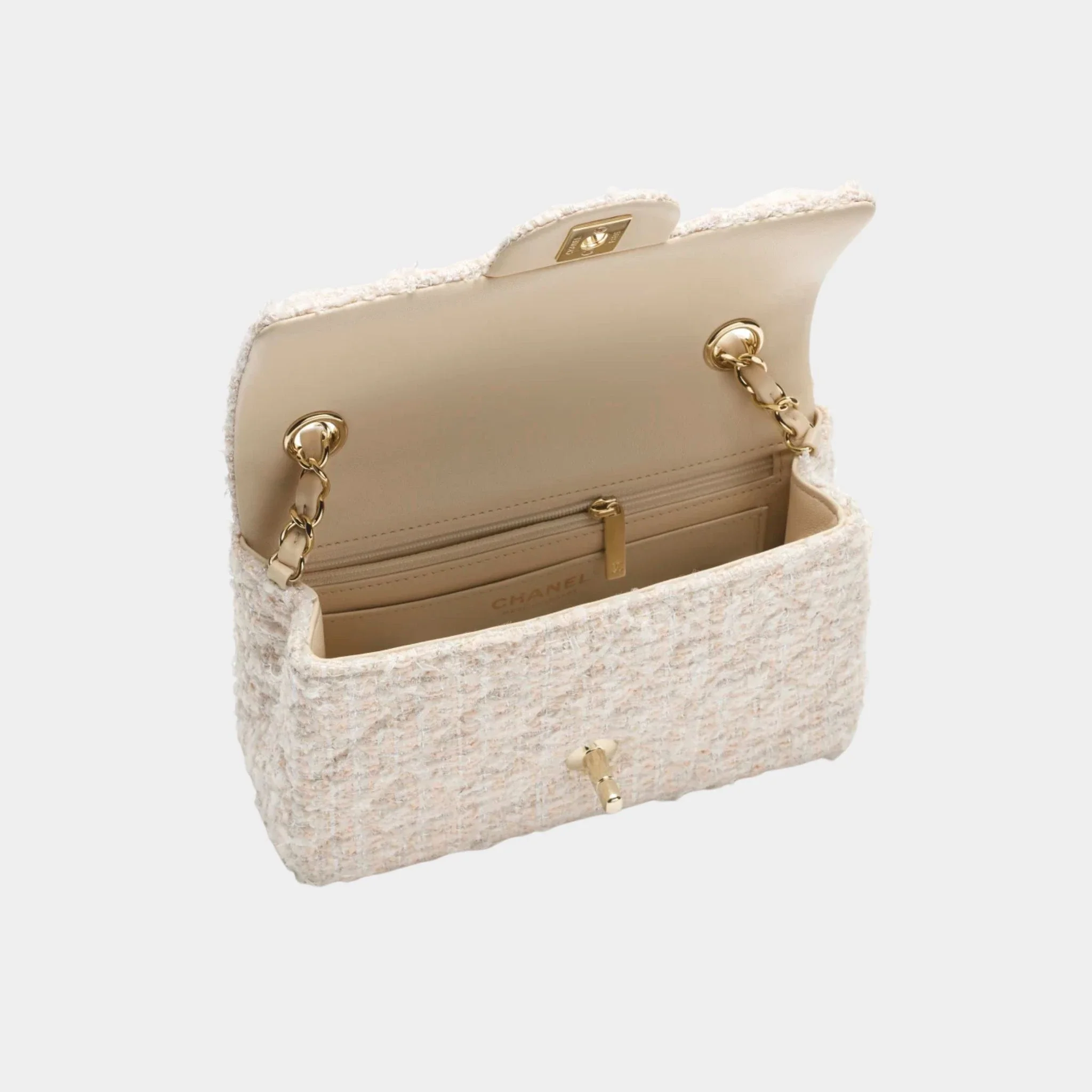 Classic Mini Bag Tweed & Gold metal Beige & White - Image 2
