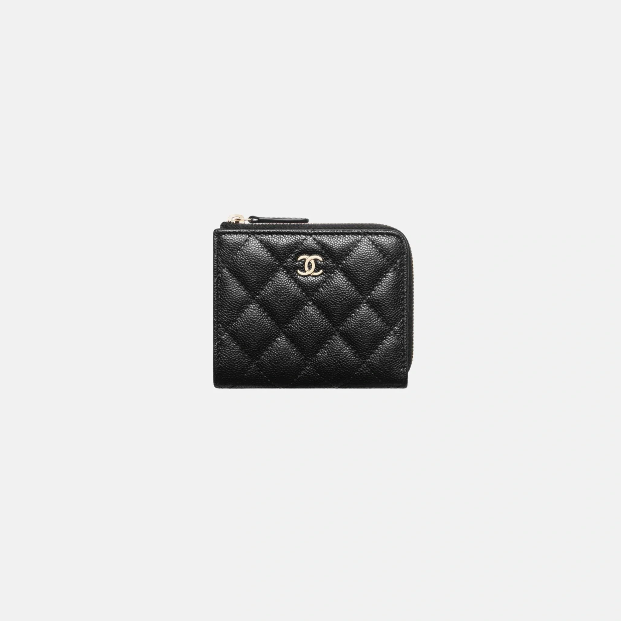 Classic Small Zipped Wallet in Grained Shiny Calfskin and Gold Tone Metal
