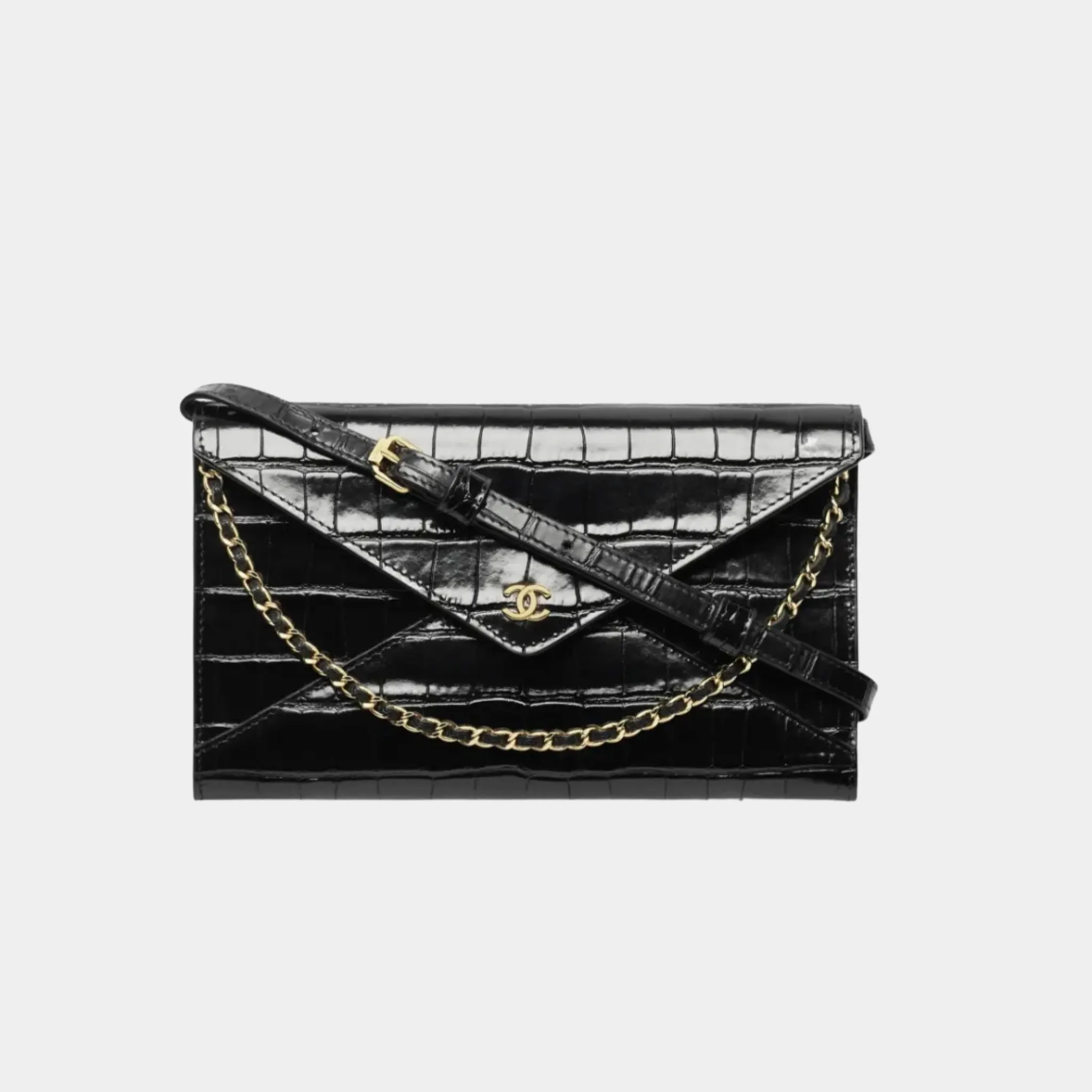 Clutch with Leather Strap in Crocodile Embossed Calfskin