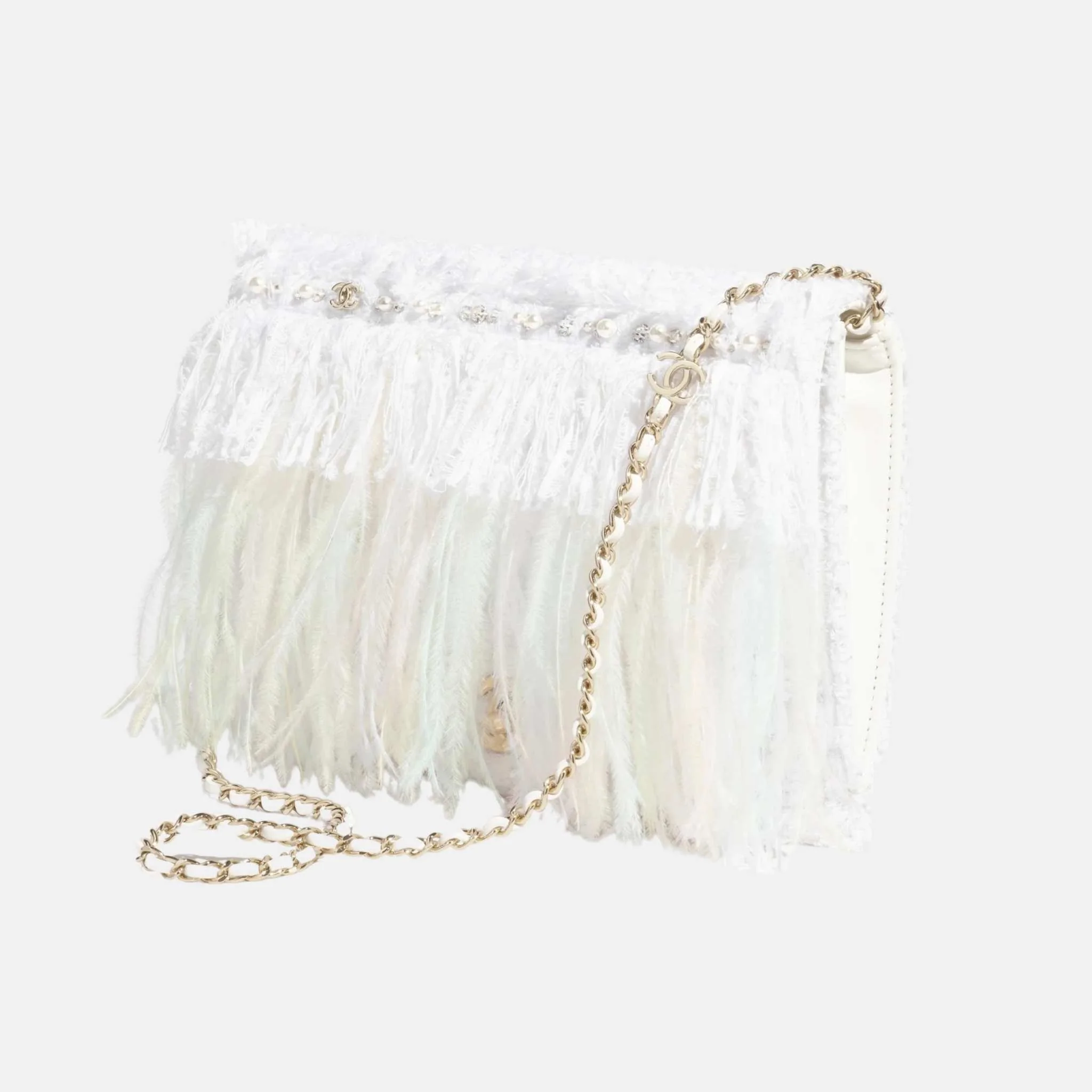 Clutch In Tweed Feathers Pearls & Gold Tone Metal White