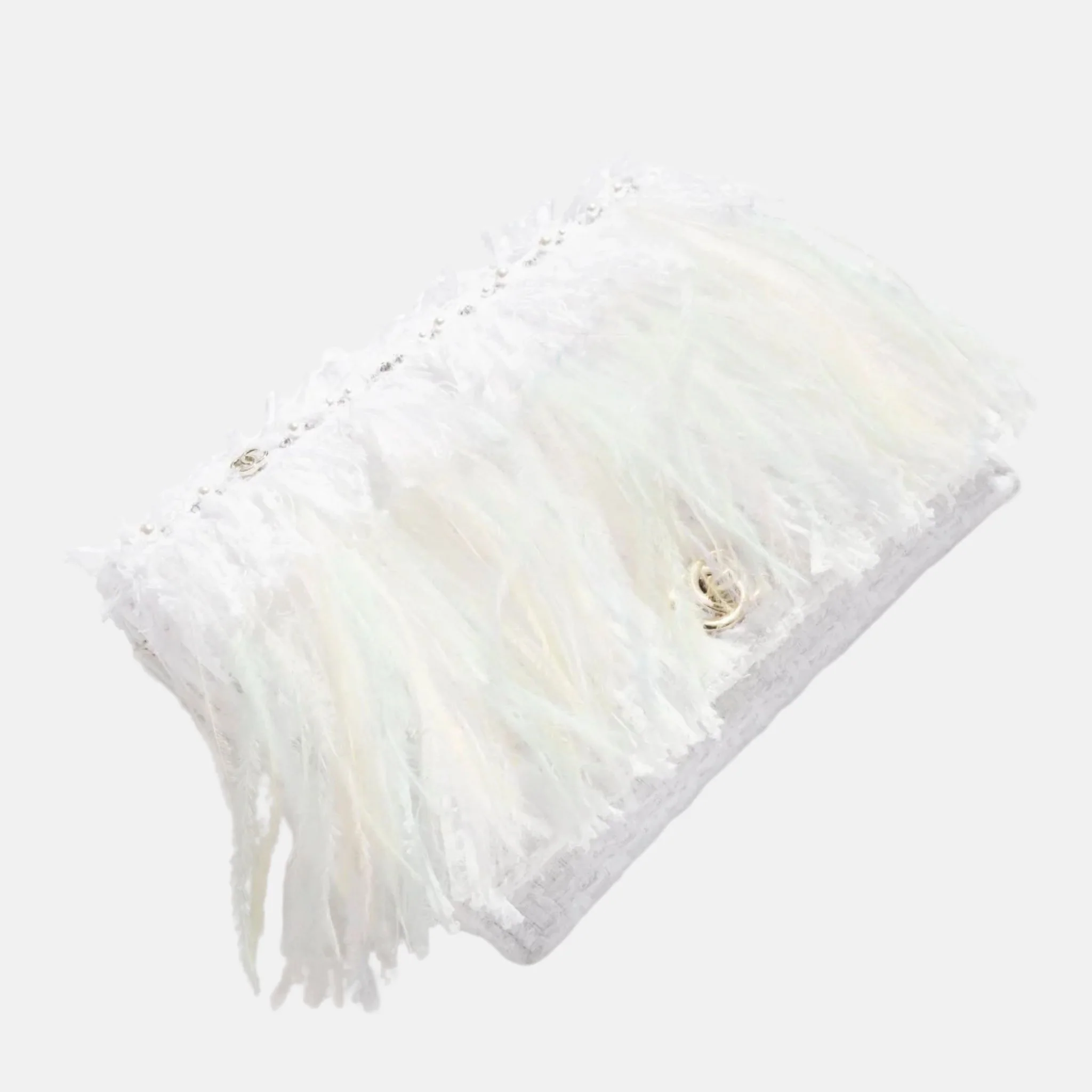 Clutch In Tweed Feathers Pearls & Gold Tone Metal White - Image 3