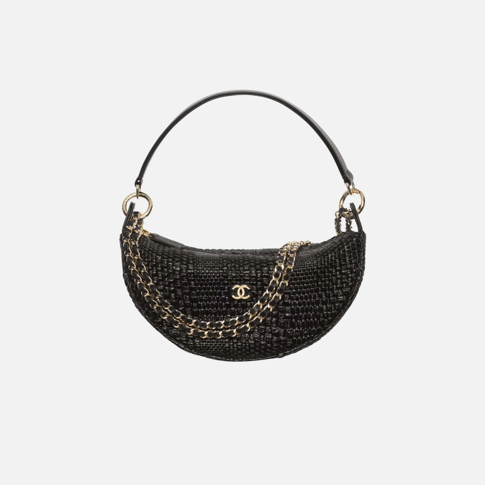 Clutch with Chain in Braided Raffia and Gold Tone