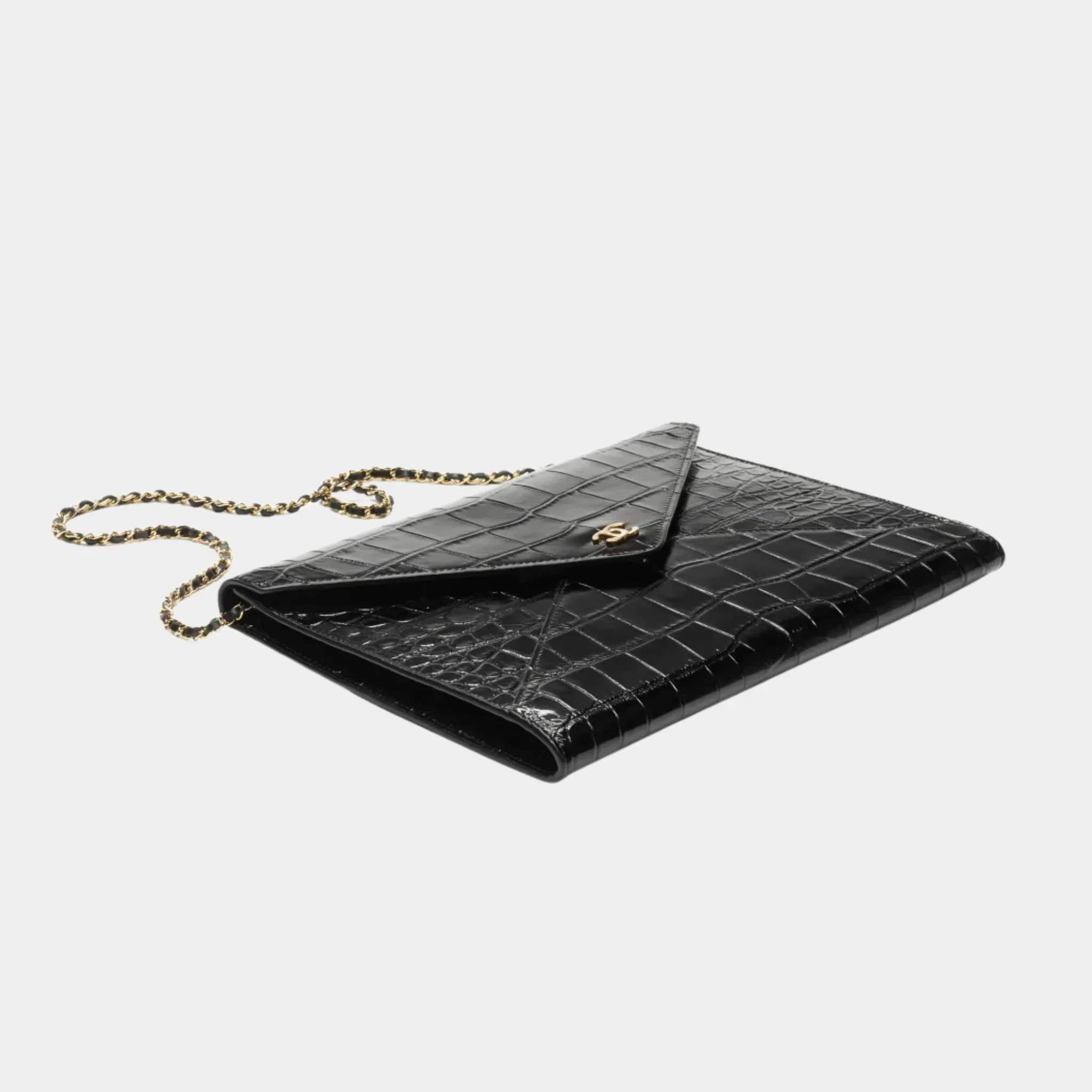 Clutch with Chain in Crocodile Embossed Calfskin & Gold-Tone Metal