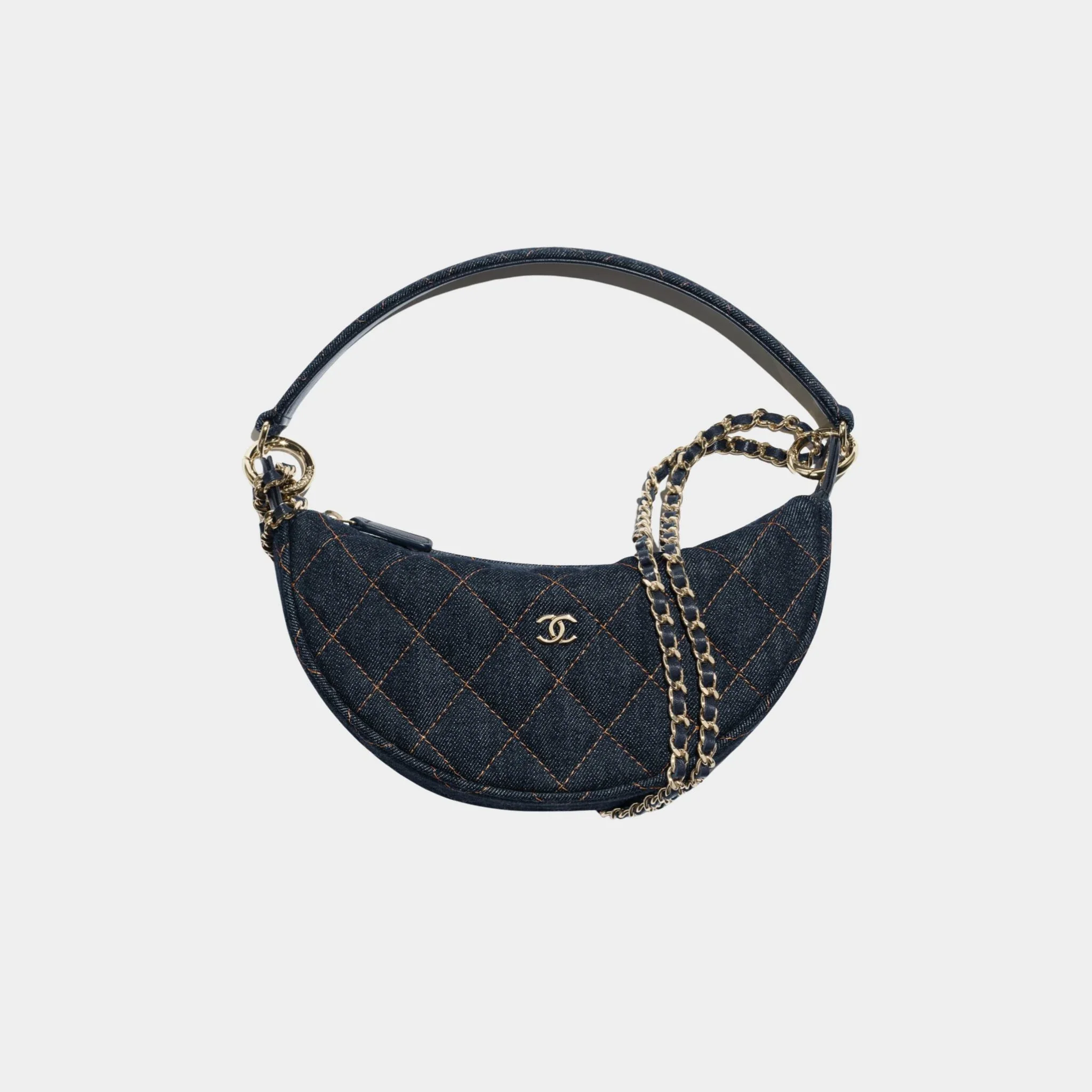 Clutch With Chain Denim & Gold Metal