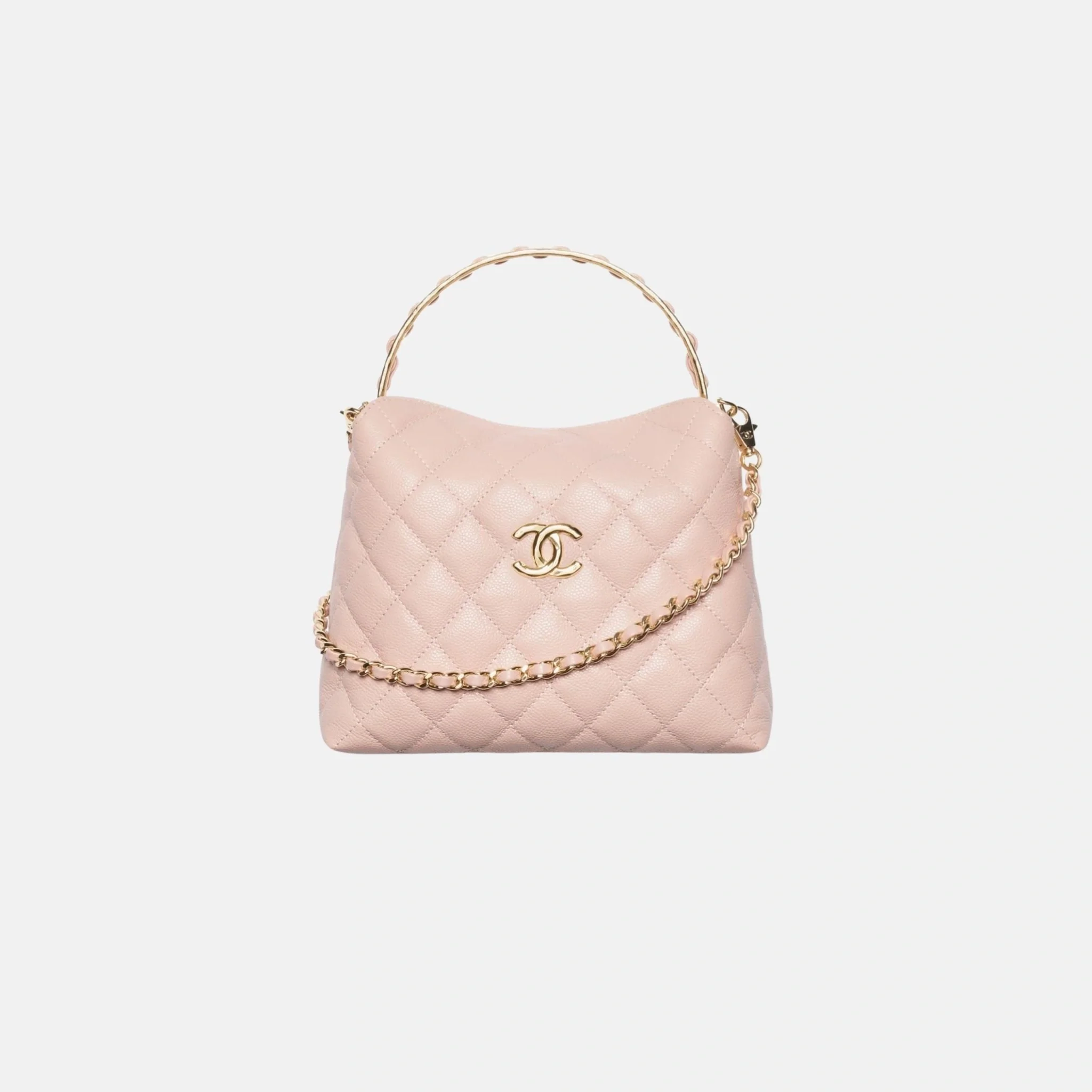Clutch with Chain in Grained Shiny Calfskin and Gold Tone