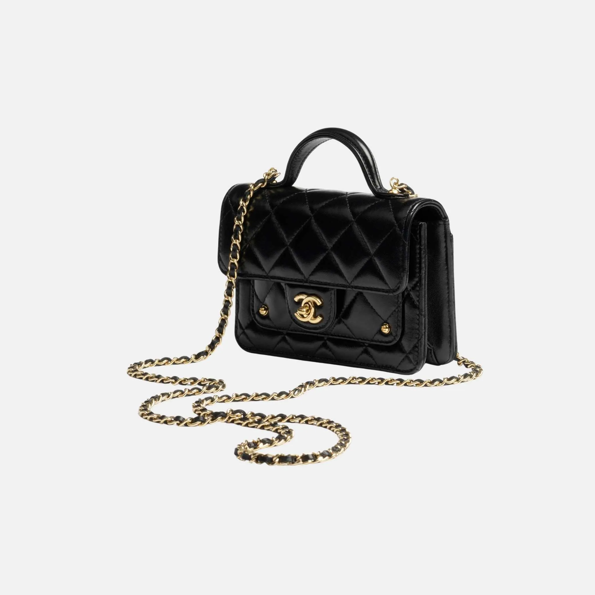 Clutch with Chain in Shiny Lambskin and Gold Metal - Image 3