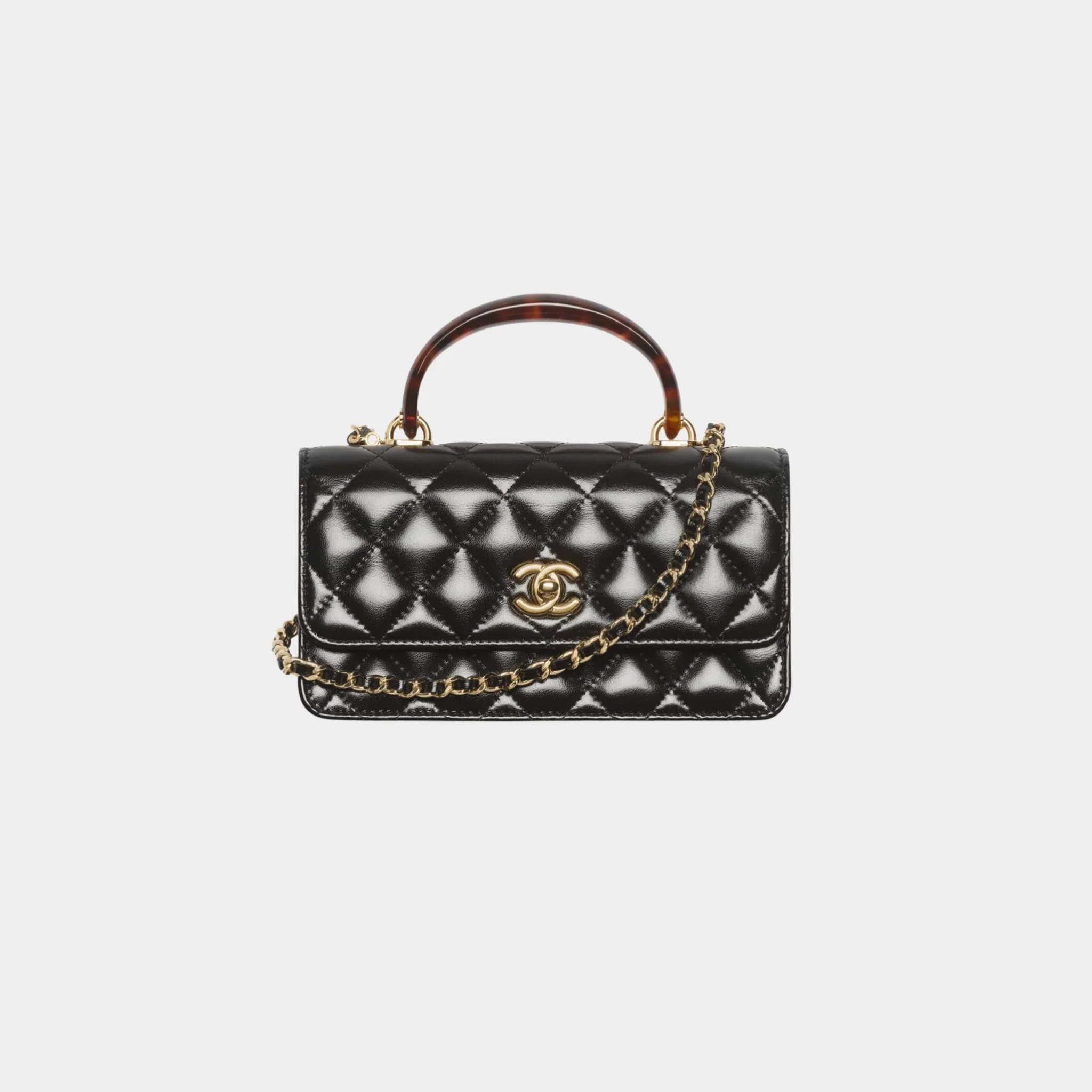 Clutch With Chain Lambskin Tortoise-Shell Effect Plexi & Gold Tone Metal