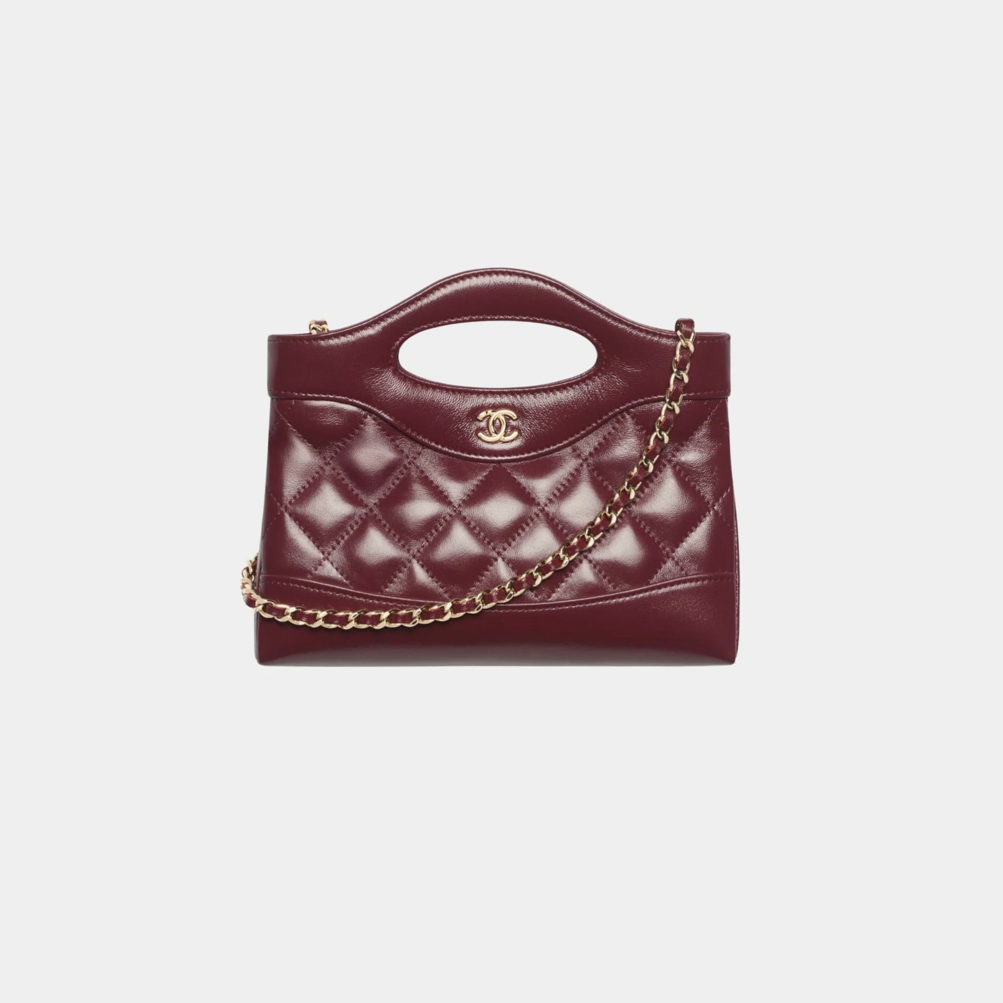 Clutch With Chain Shiny Lambskin & Gold Tone Metal Dark Burgundy