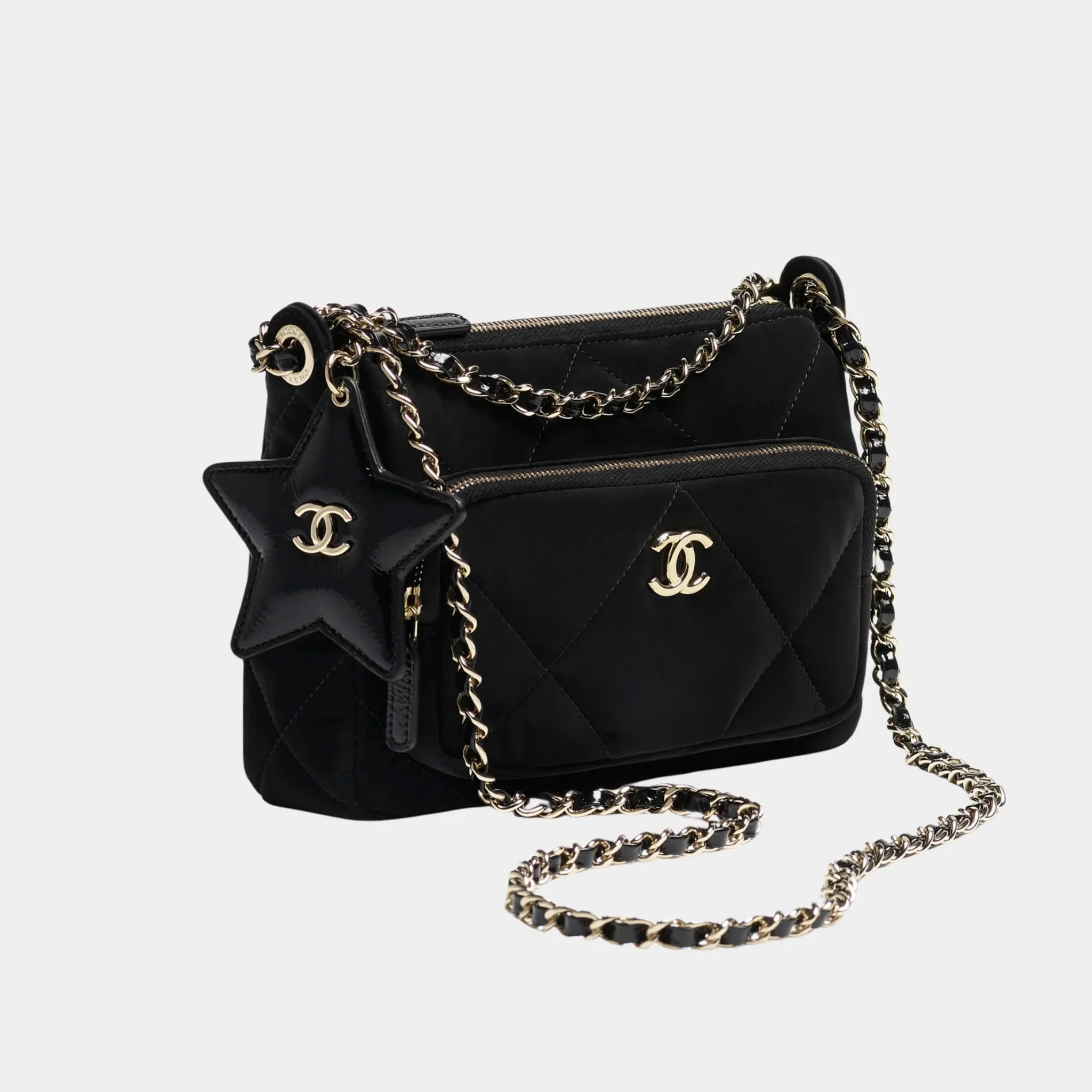 Clutch with chain Velvet-effect nylon Shiny crinkled calfskin - Image 2