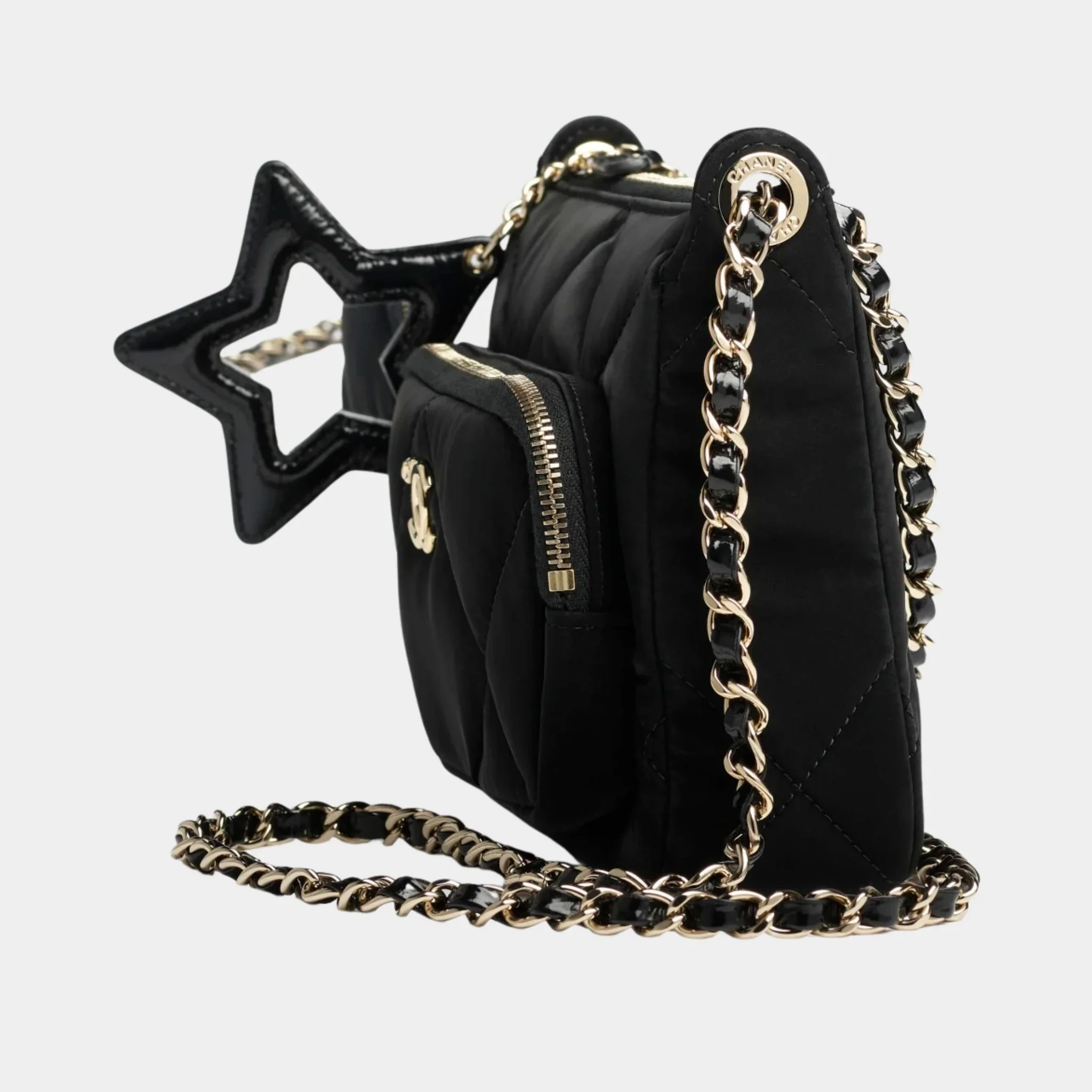 Clutch with chain Velvet-effect nylon Shiny crinkled calfskin - Image 4