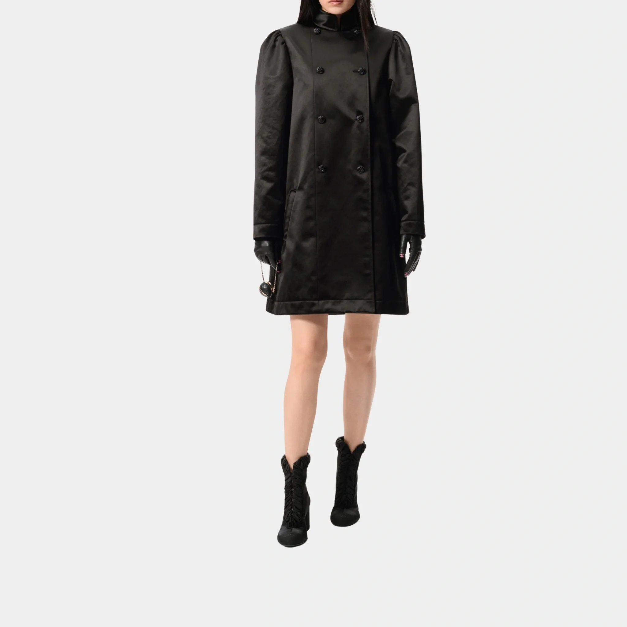 Coat in Black Cotton & Silk Satin