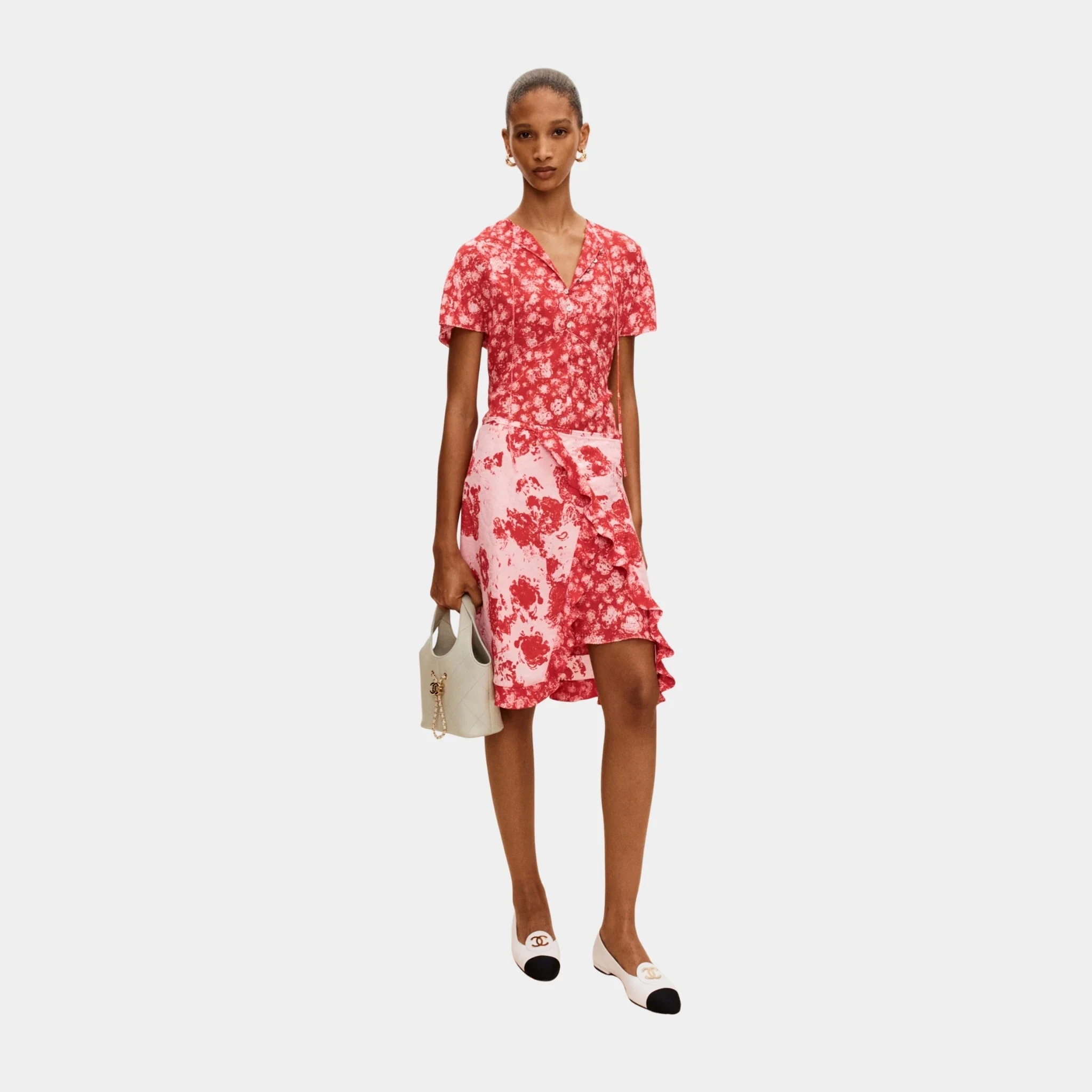 Dress in Red and Pink Printed Silk Jacquard