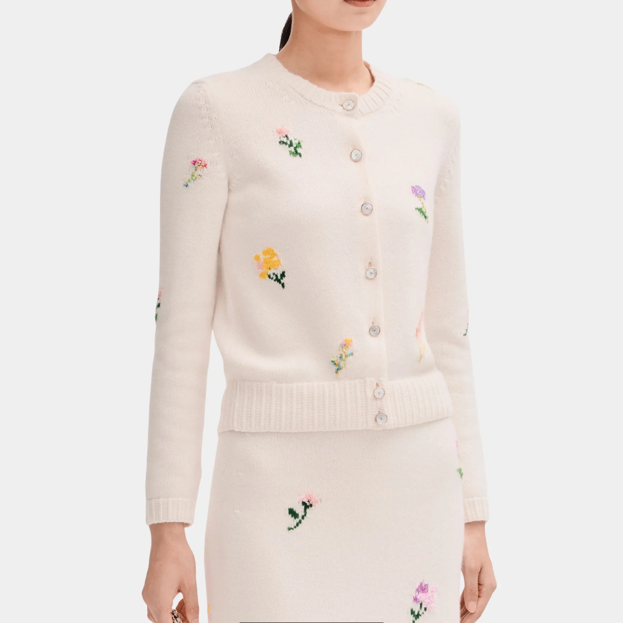 Ecru and Multicolor Cardigan in Cashmere and Cotton