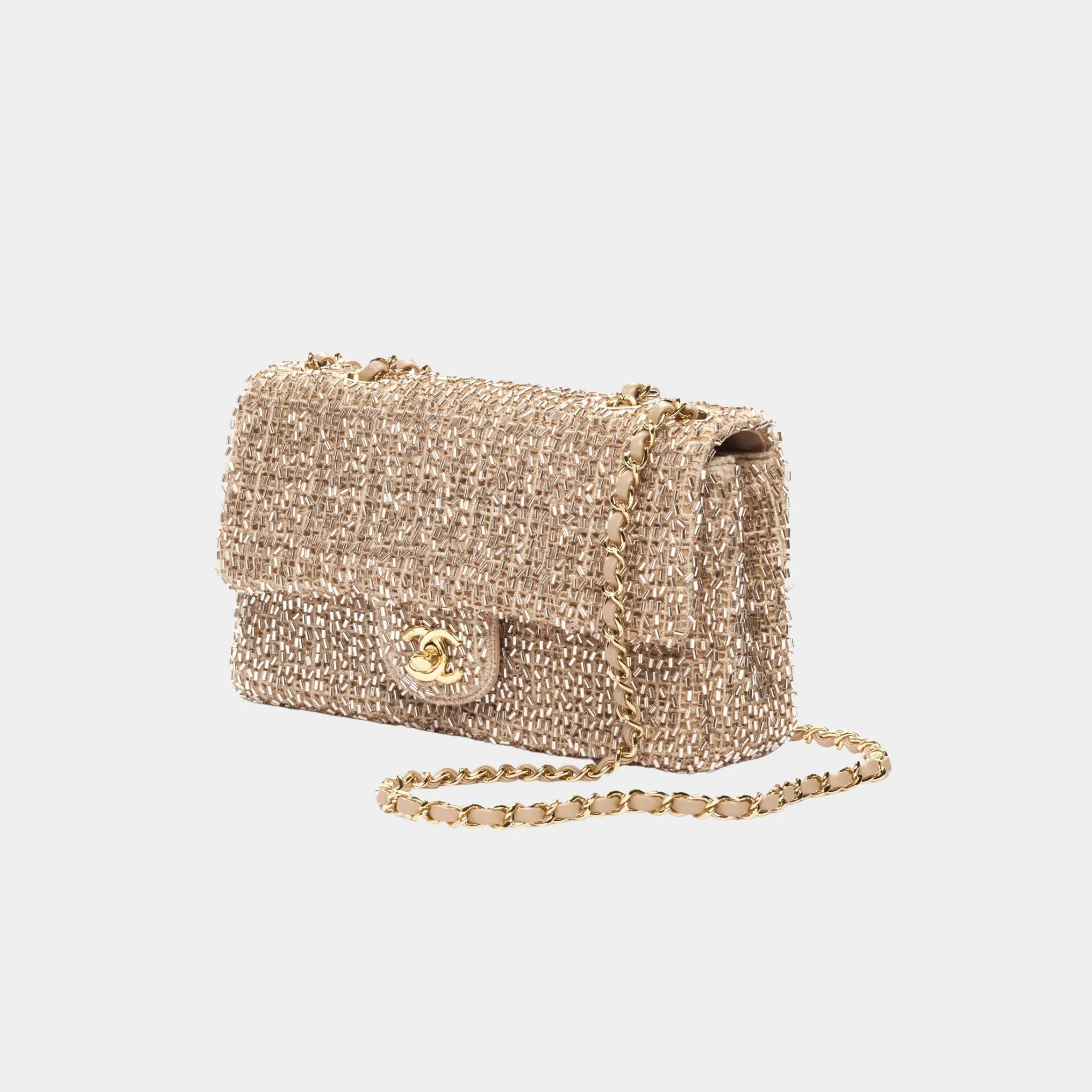 Evening Bag Mesh Beads & Gold-Tone Metal Golden