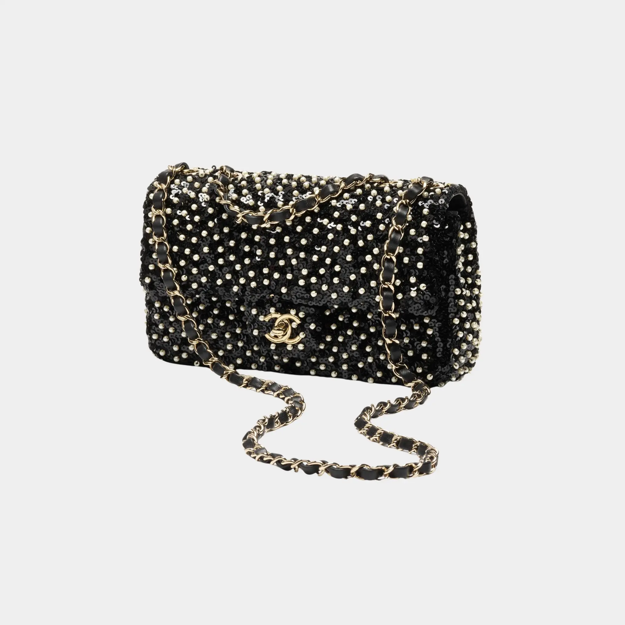 Evening Bag Sequins Imitation Pearls & Gold Metal Black & White