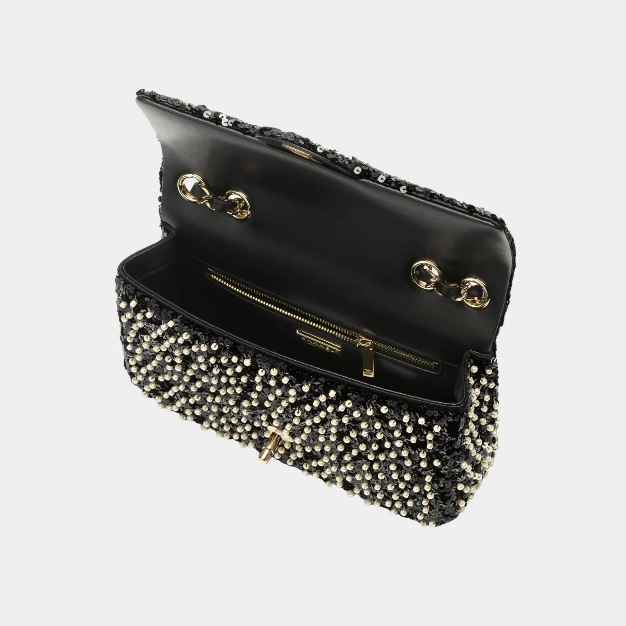 Evening Bag Sequins Imitation Pearls & Gold Metal Black & White - Image 2