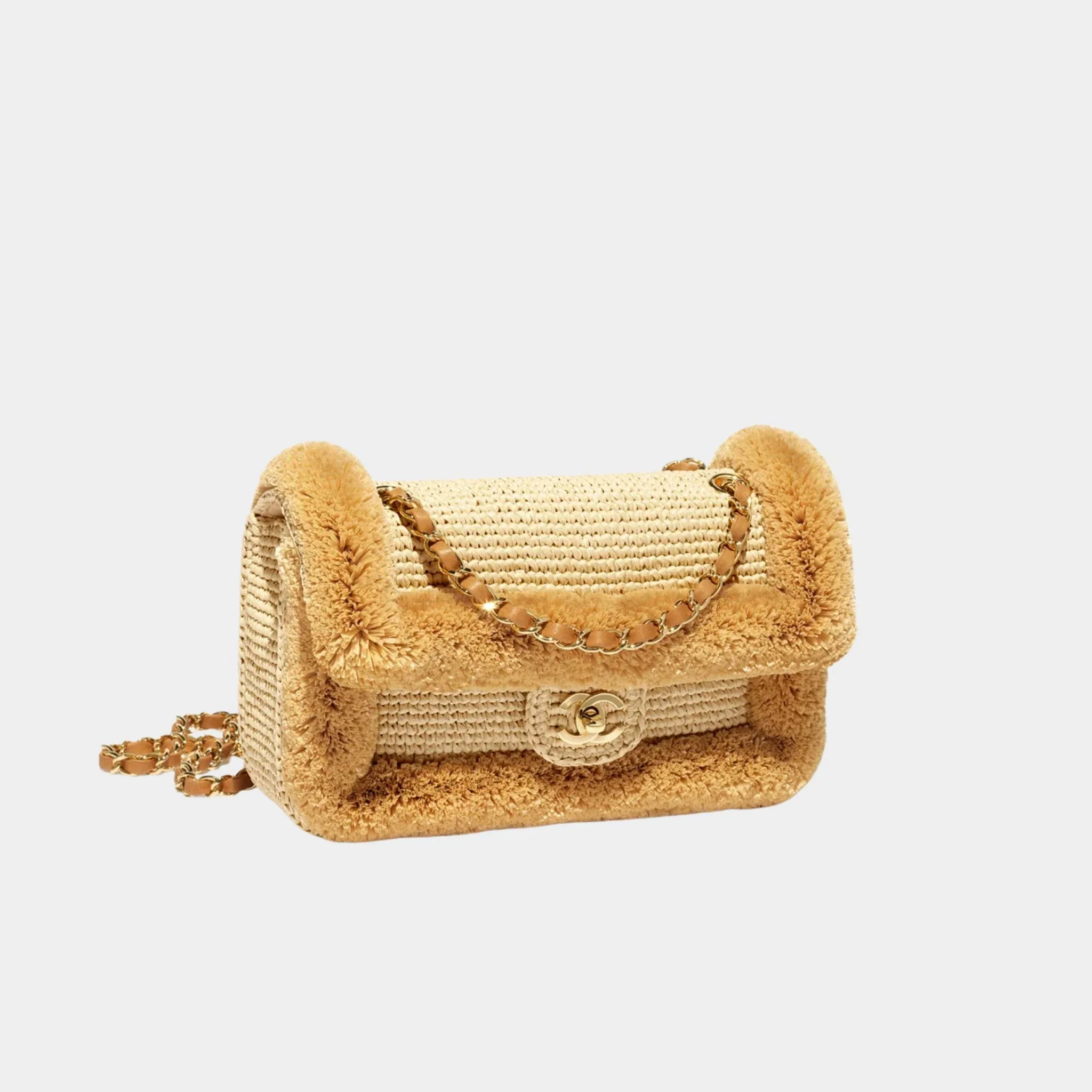 Flap Bag Braided Raffia & Gold-Tone Metal Beige