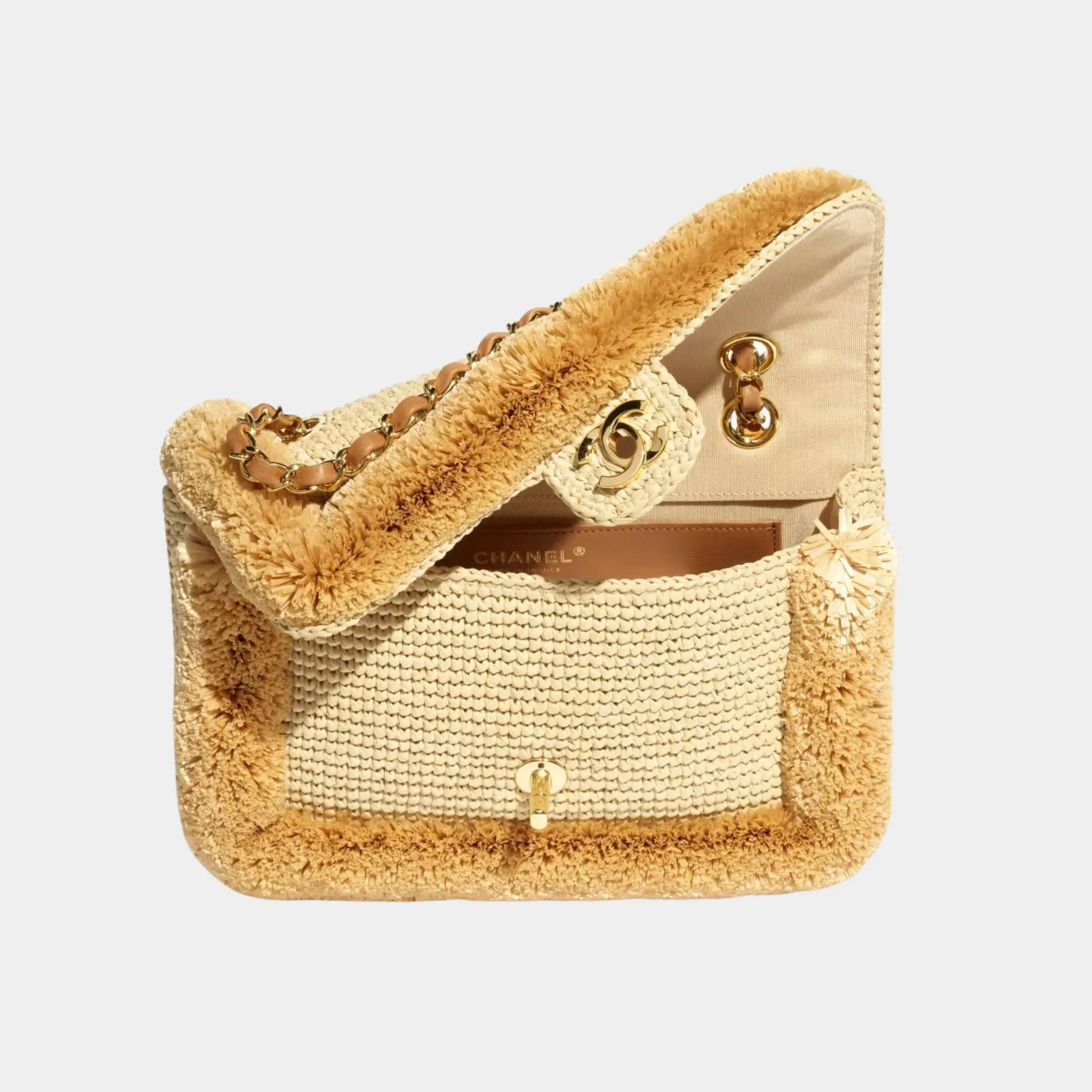 Flap Bag Braided Raffia & Gold-Tone Metal Beige - Image 2