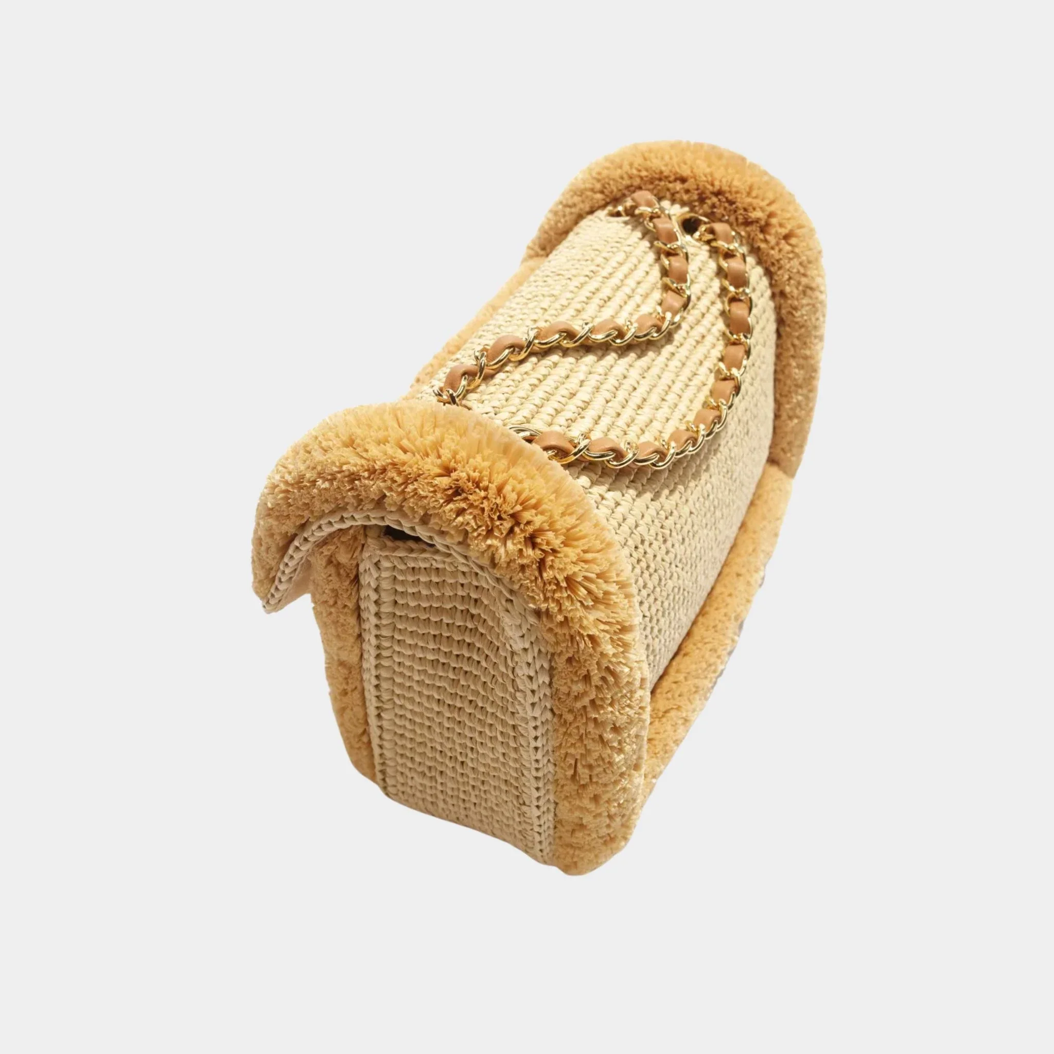 Flap Bag Braided Raffia & Gold-Tone Metal Beige - Image 3