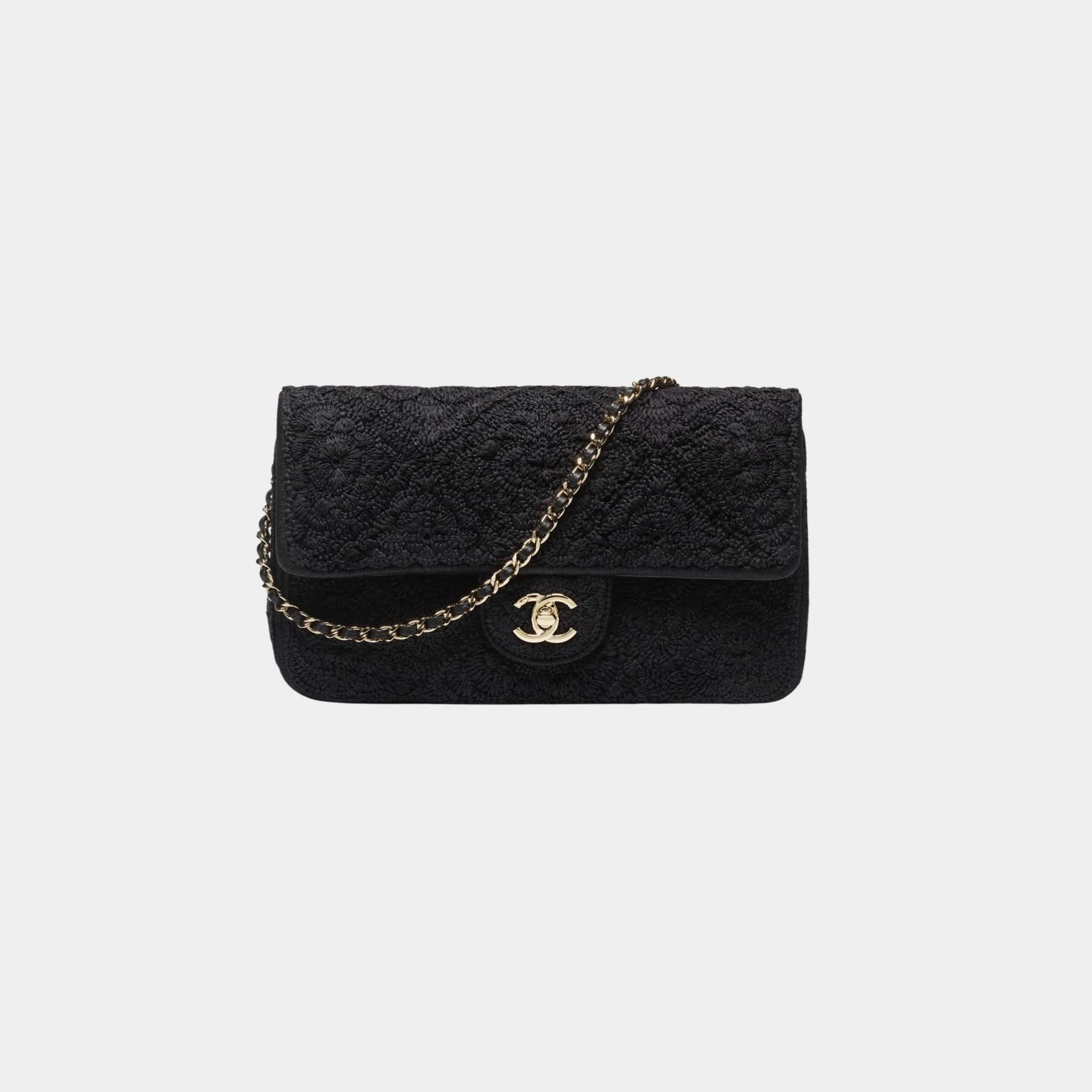 Flap Bag Crochet Effect Weaving & Gold Tone Metal Black