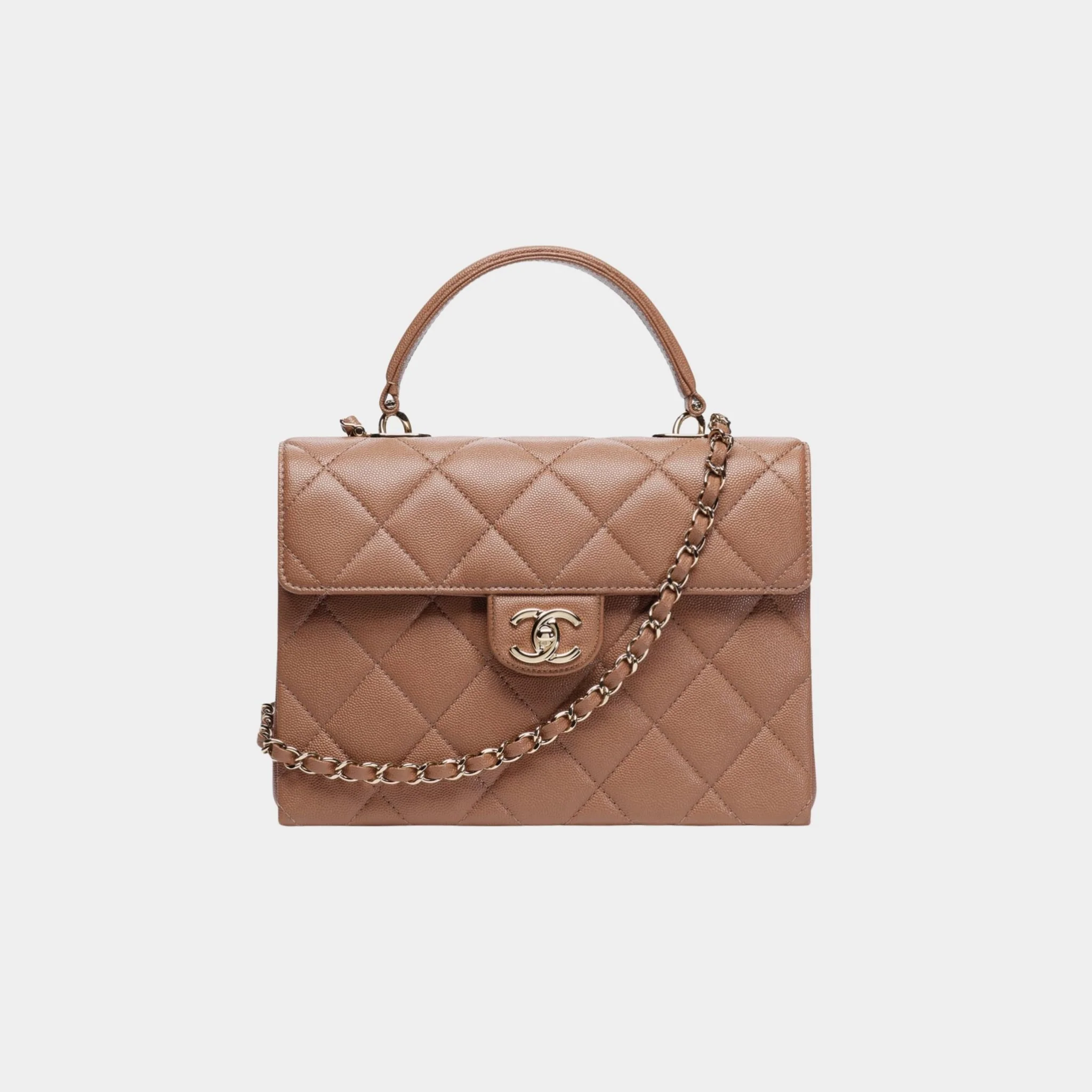 Flap Bag With Top Handle Grained Shiny Calfskin & Gold Metal Brown