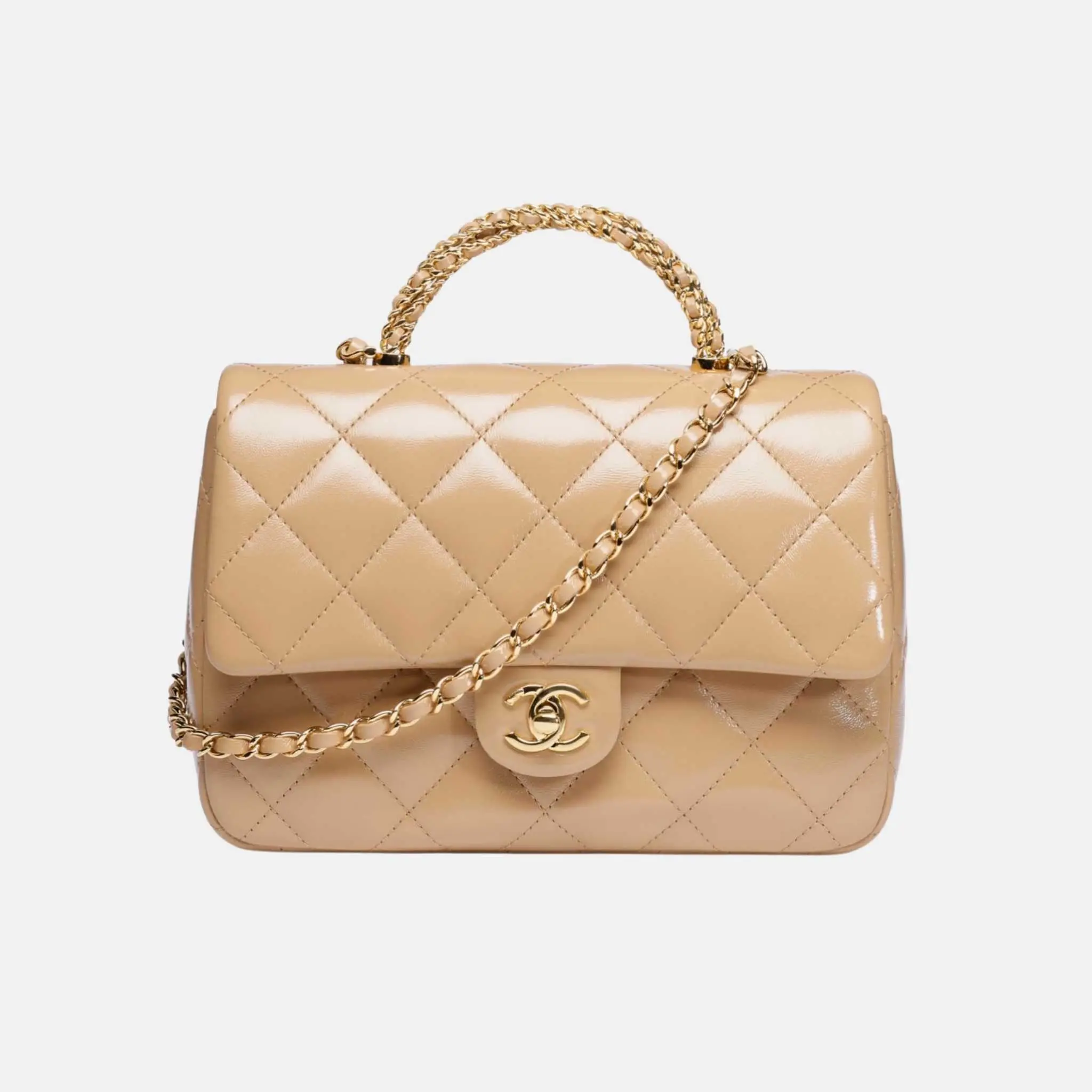 Flap Bag with Top Handle in Shiny Lambskin and Gold Tone Metal