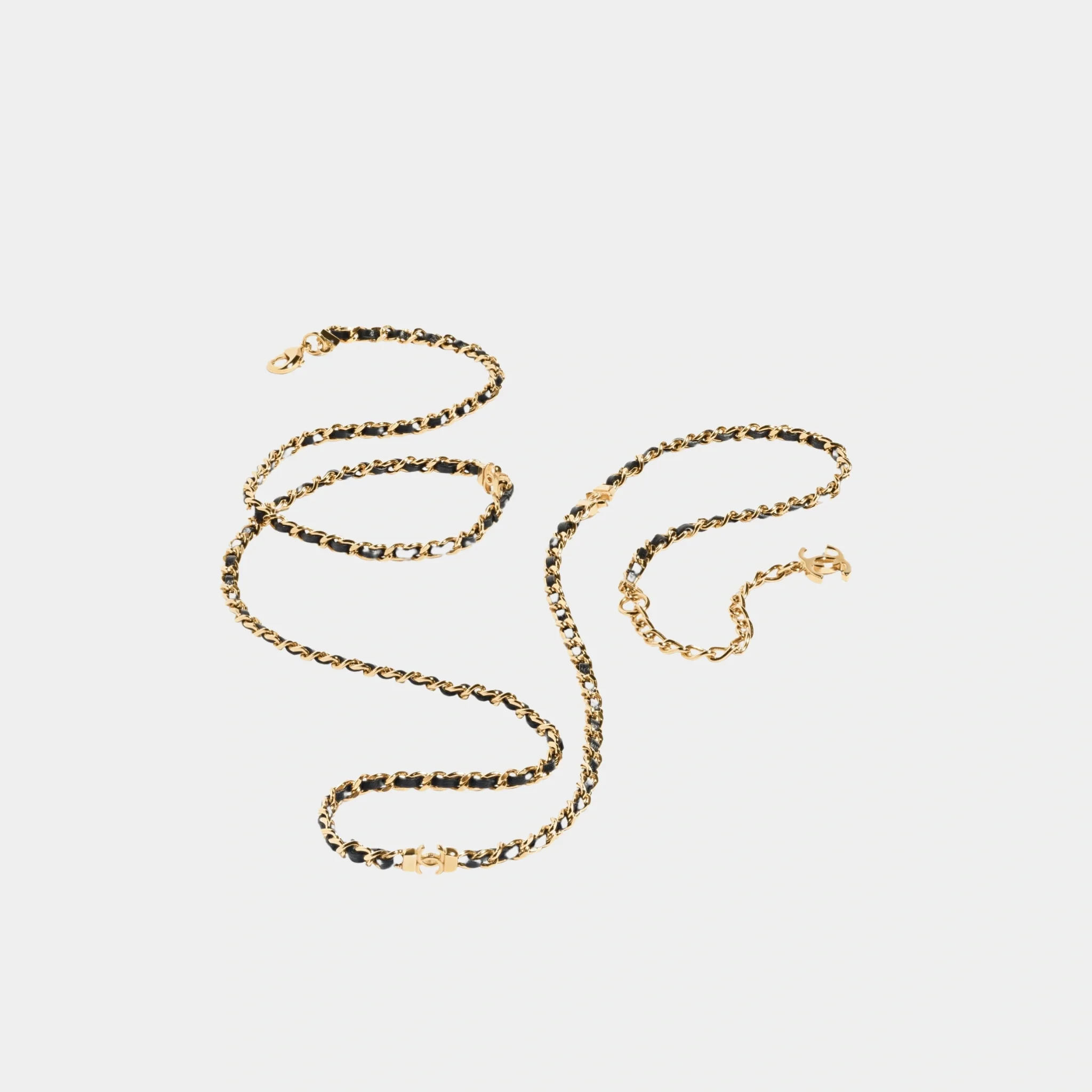 Gold Metal and Black Lambskin Long Chain Necklace - Image 2