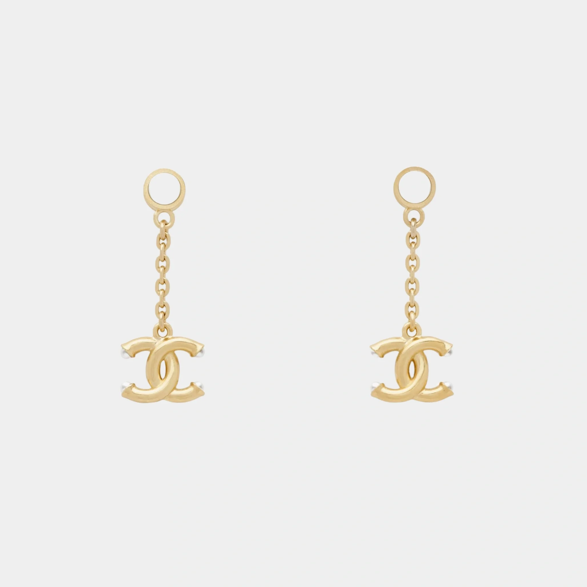 Gold Metal CC Pendant Earrings with Glass Pearls