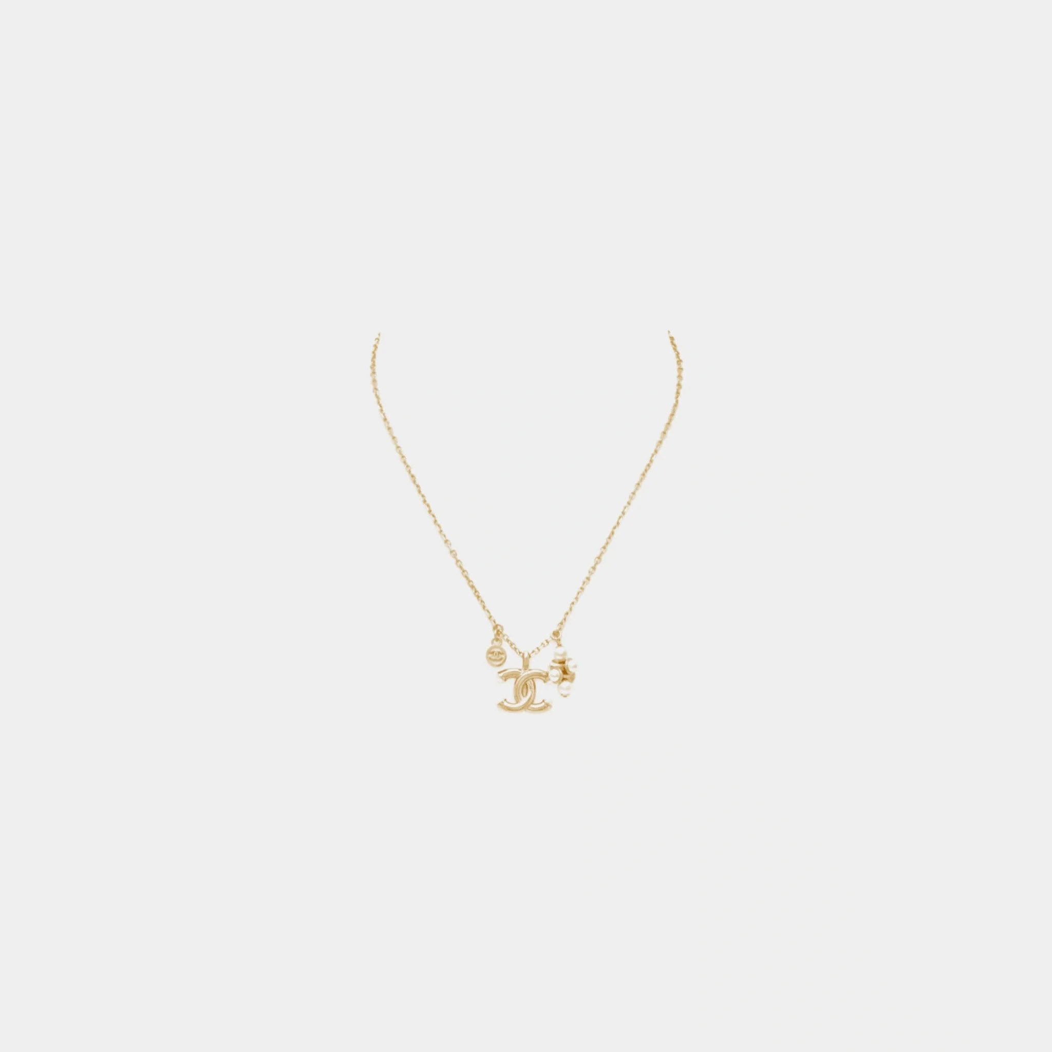 Gold Metal CC Pendant Necklace with Glass Pearls