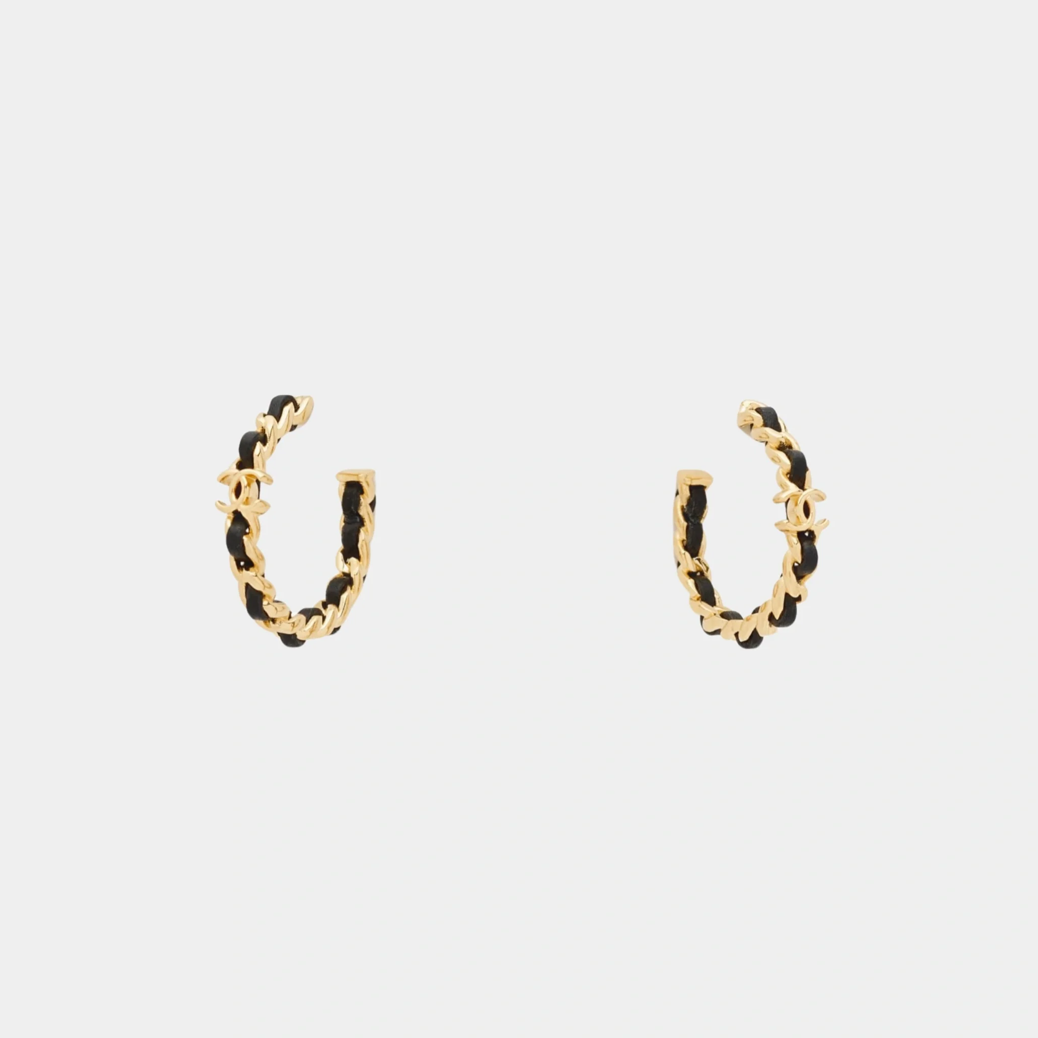 Hoop Earrings in Gold Metal with Black Lambskin