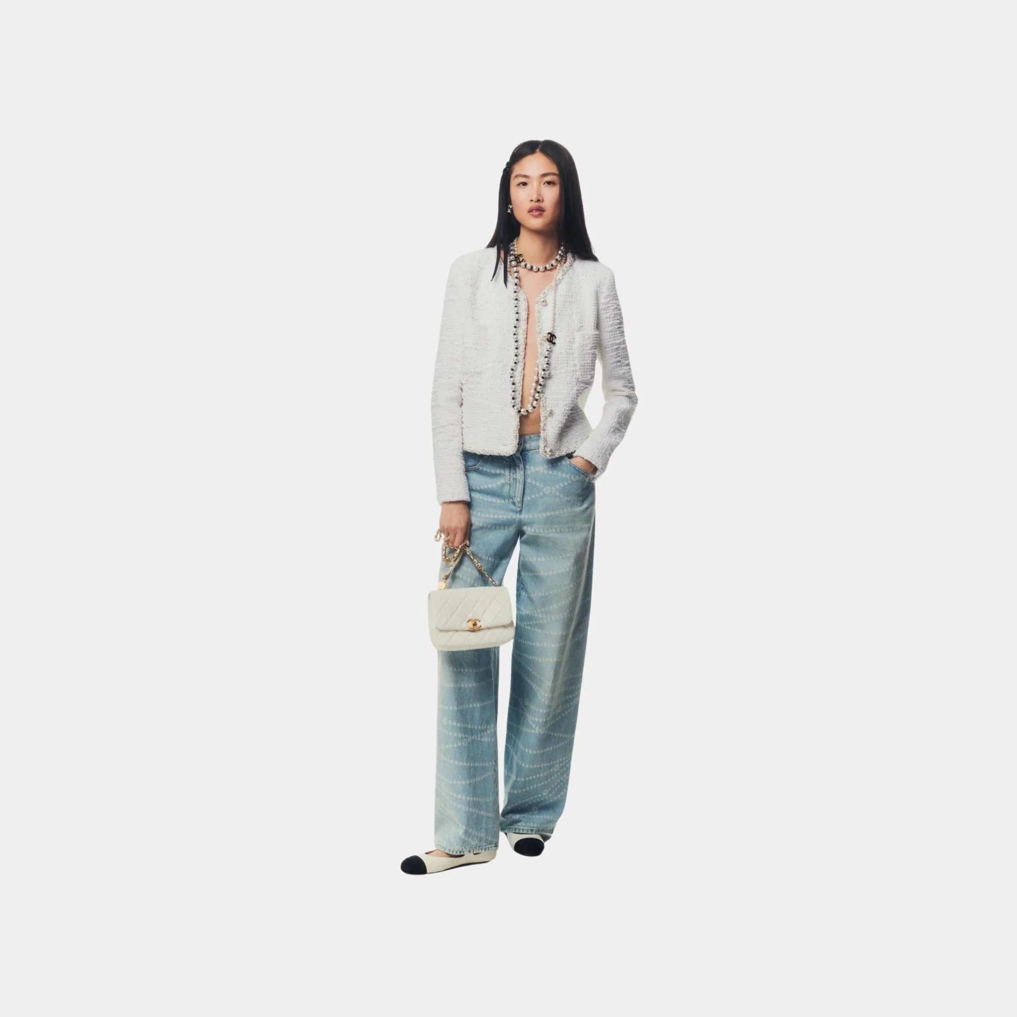 Jacket Cotton Tweed Imitation Pearls White