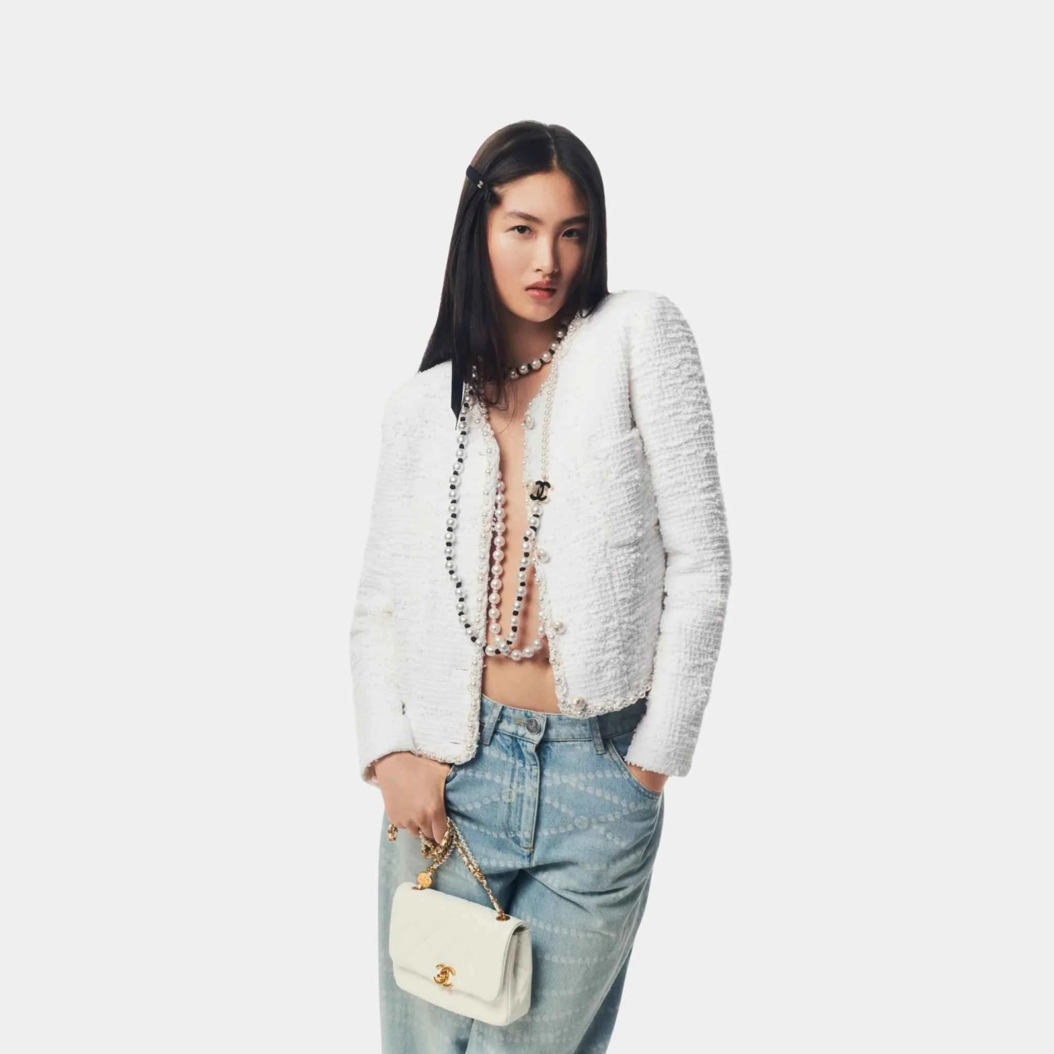 Jacket Cotton Tweed Imitation Pearls White - Image 2