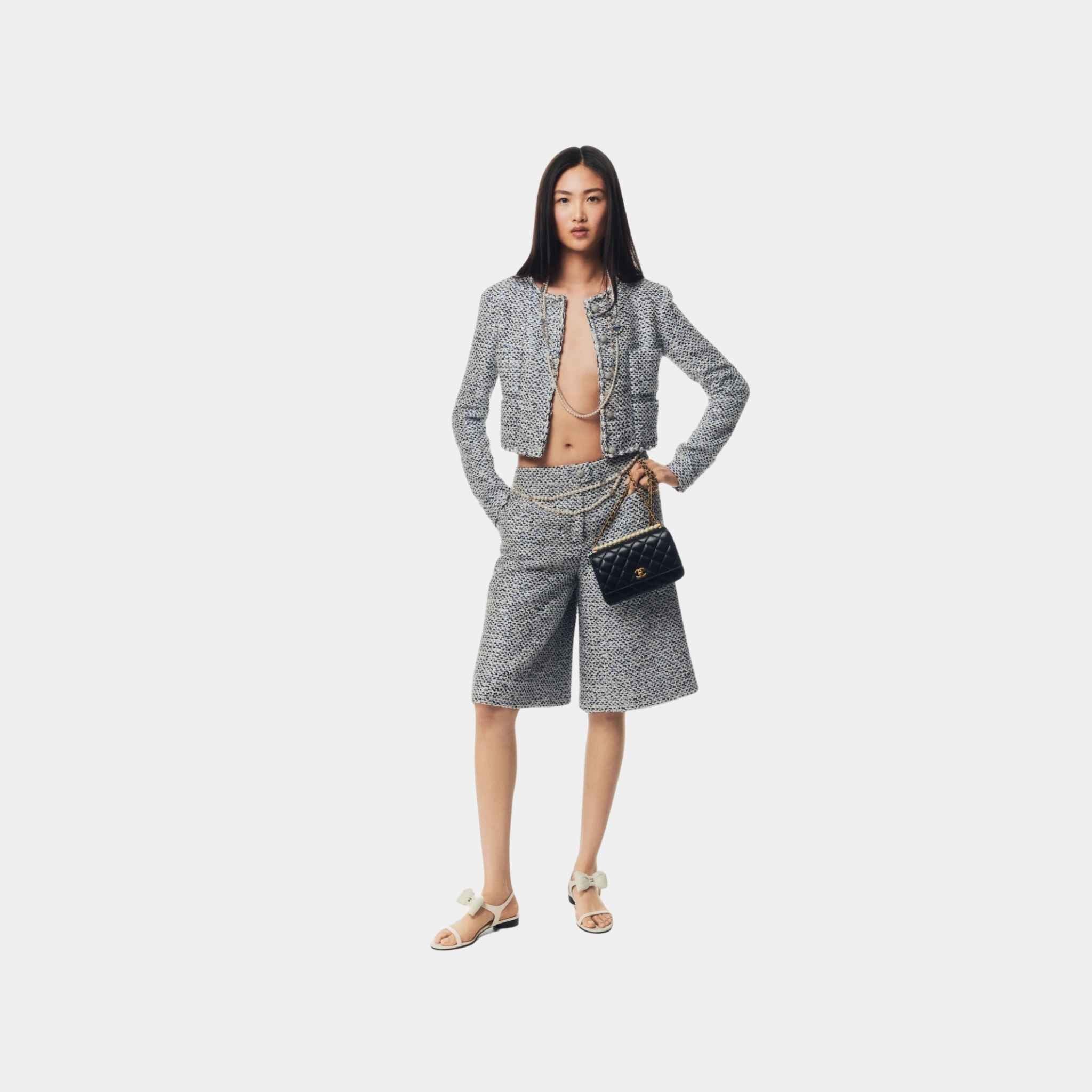 Jacket Glittered Tweed Imitation Pearls White Blue Black