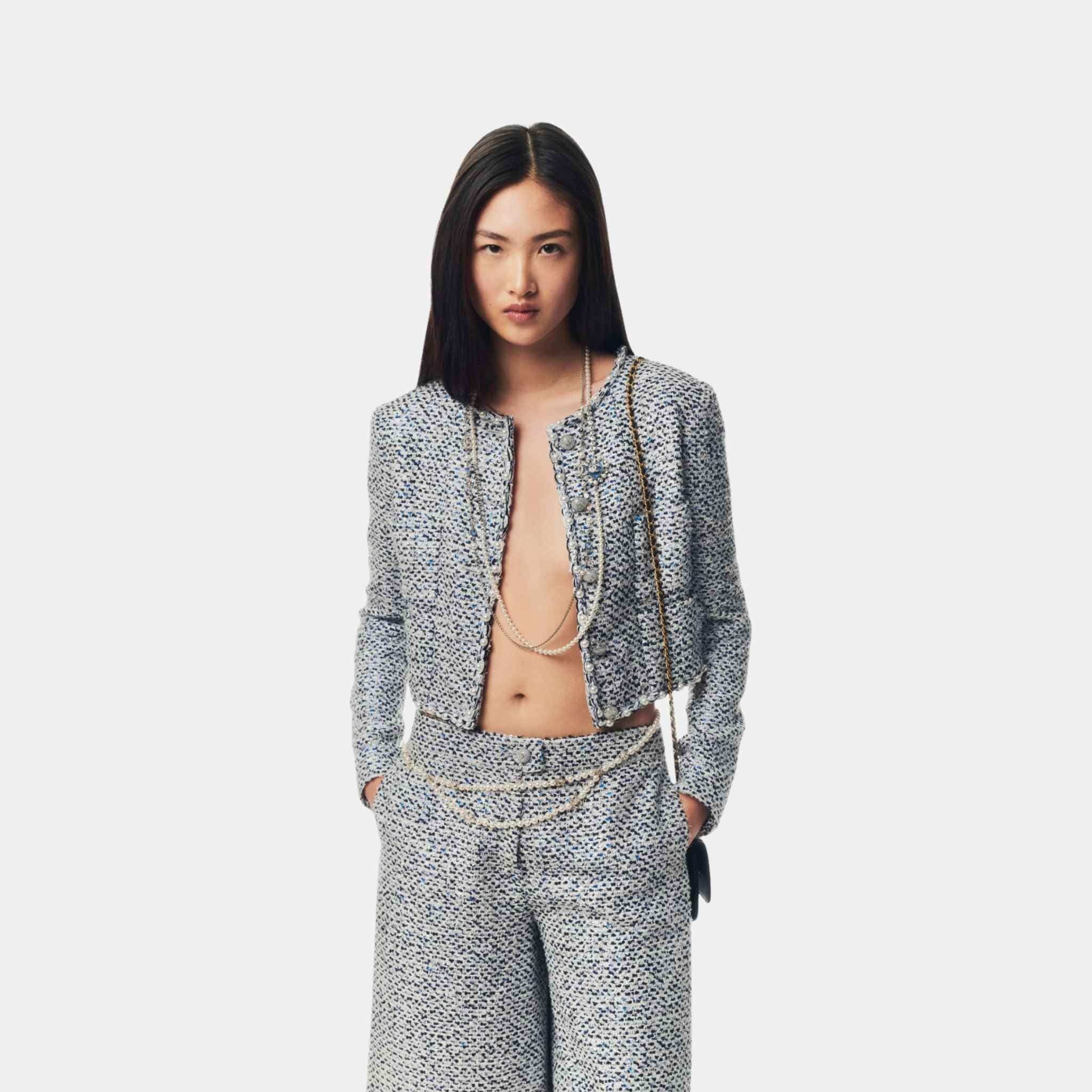 Jacket Glittered Tweed Imitation Pearls White Blue Black - Image 2