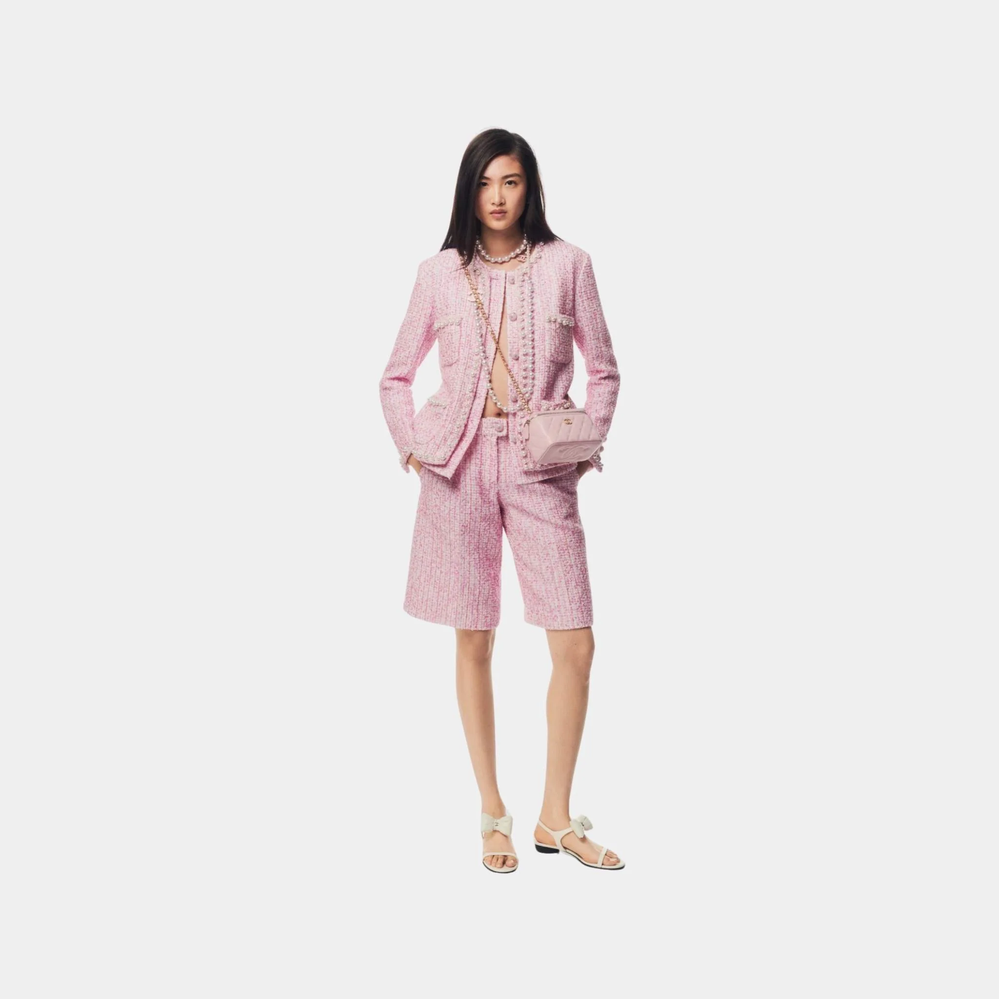 Jacket Iridescent Cotton Wool Tweed Pearls Pink Ecru