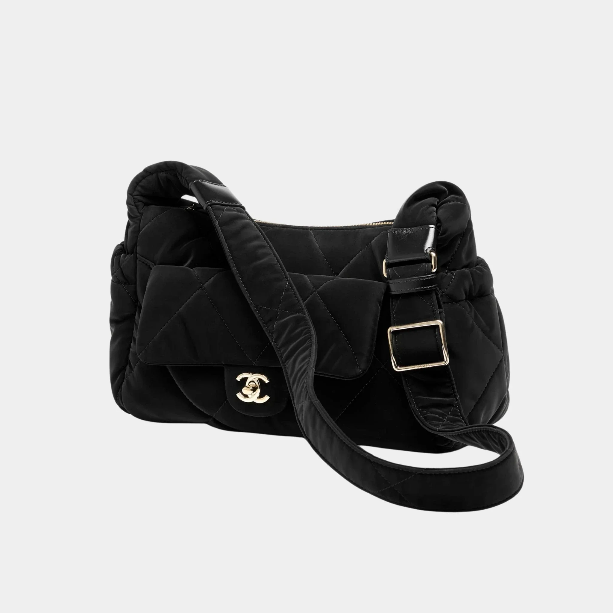 Large Bowling Bag Black Velvet Effect Nylon & Gold Metal - Image 2