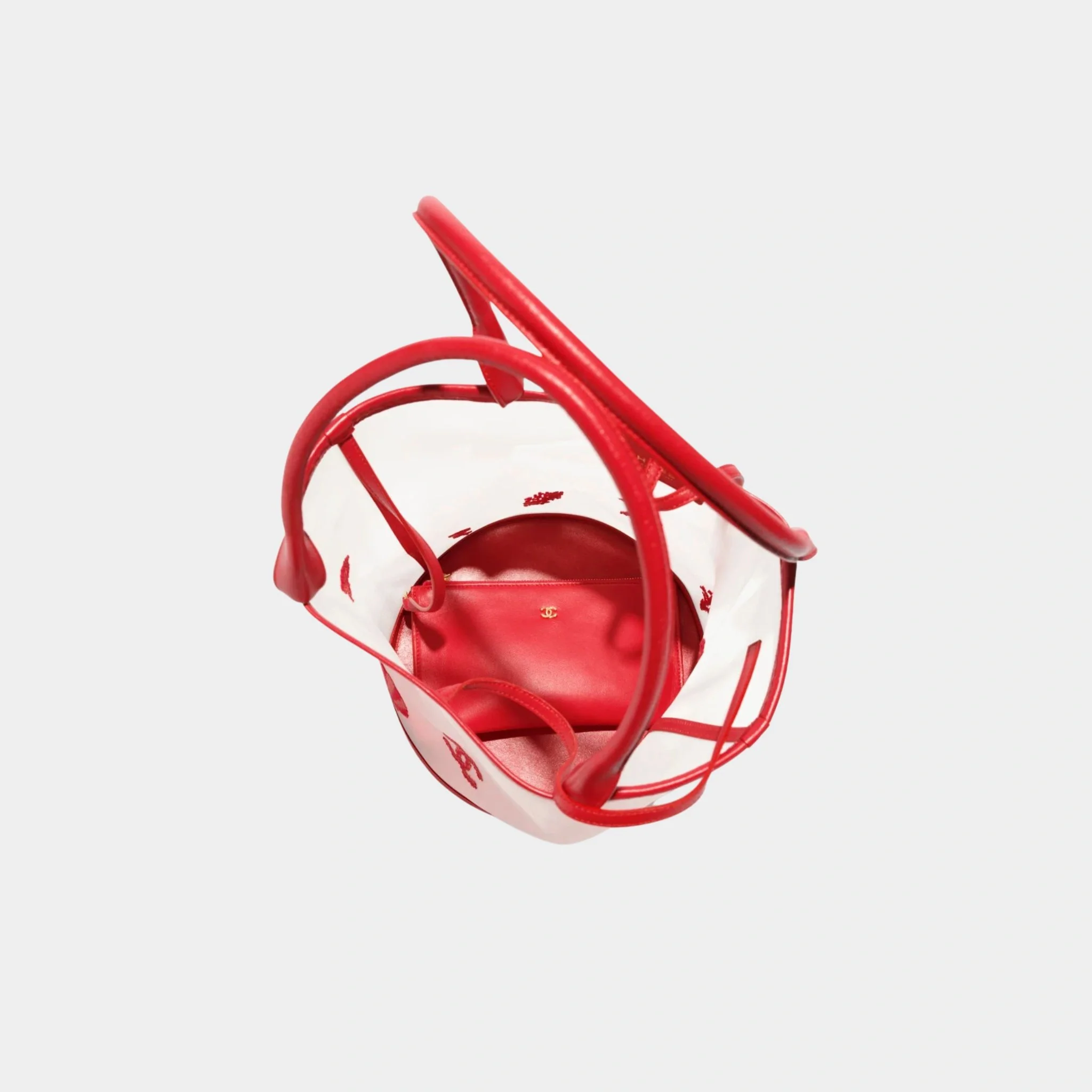 Large Bucket Bag Embroidered Mesh & Calfskin Transparent & red