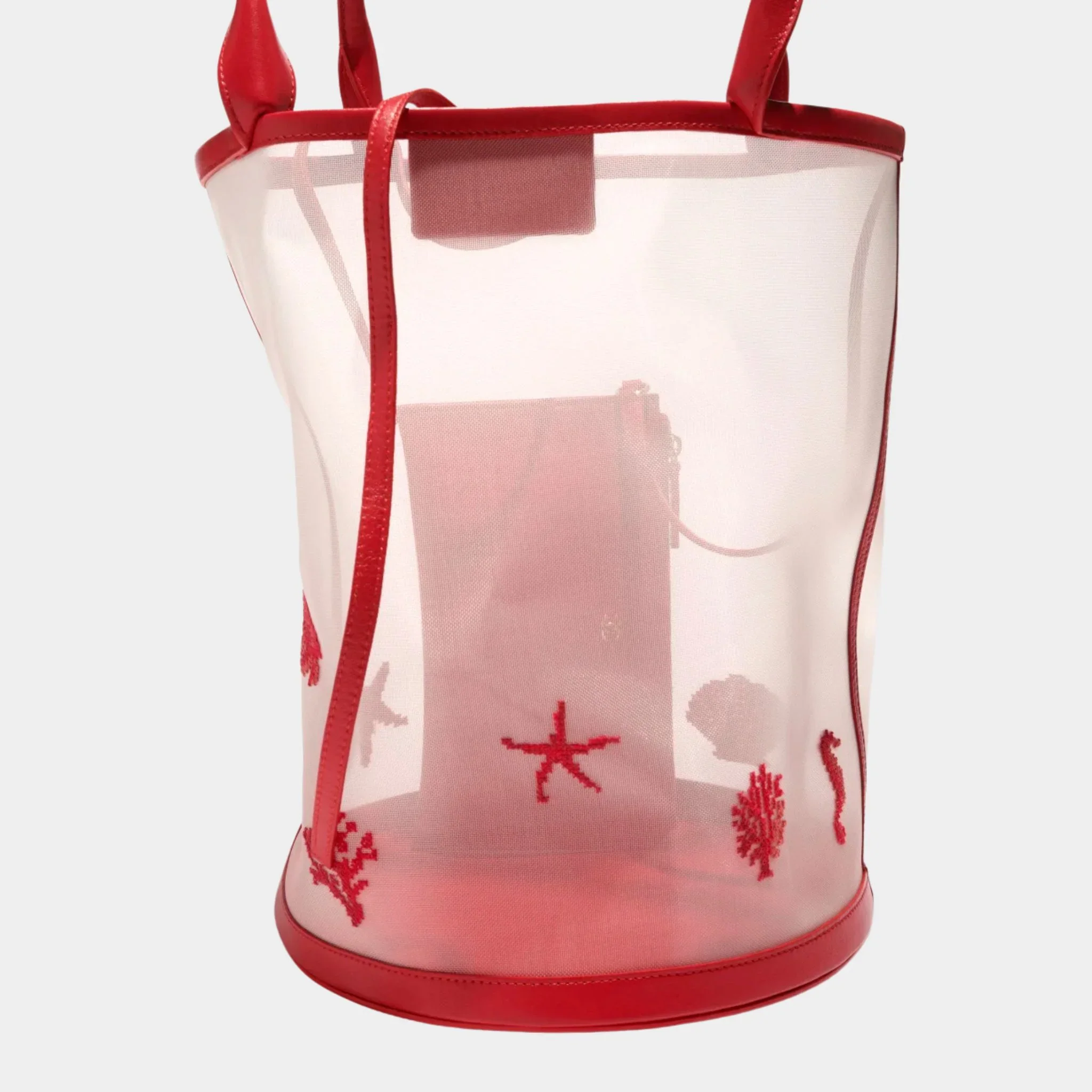 Large Bucket Bag Embroidered Mesh & Calfskin Transparent & red - Image 2