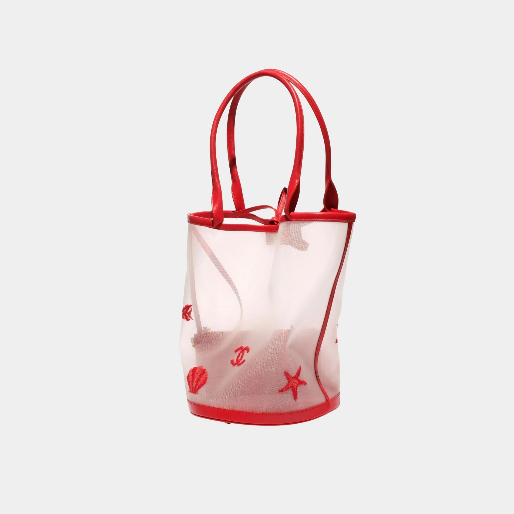 Large Bucket Bag Embroidered Mesh & Calfskin Transparent & red - Image 3